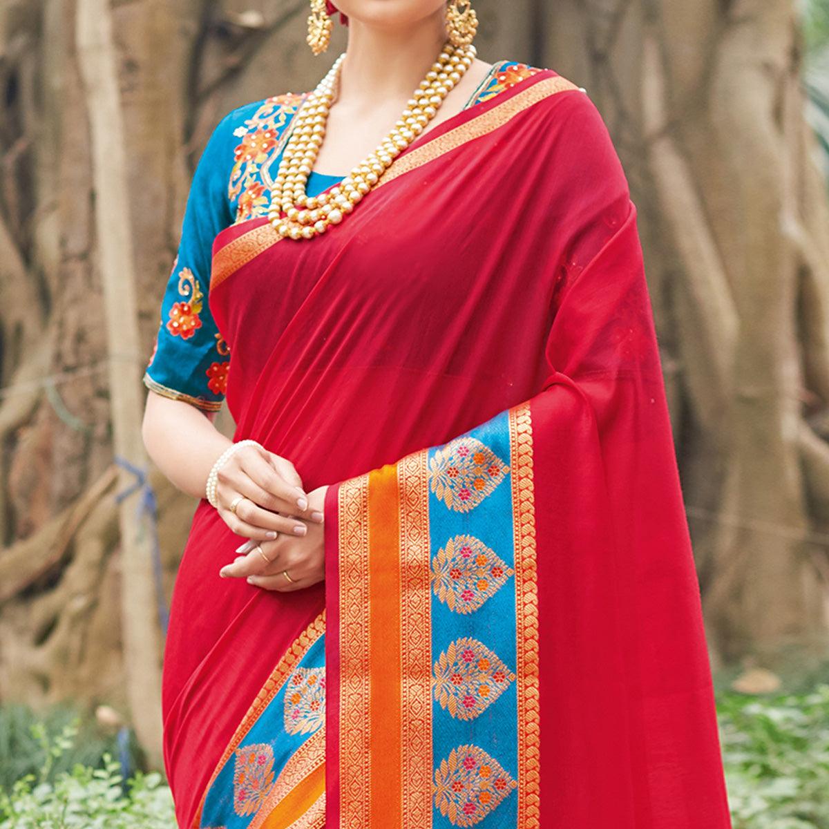 Energetic Red Colored Festive Wear Woven Handloom Silk Saree - Peachmode