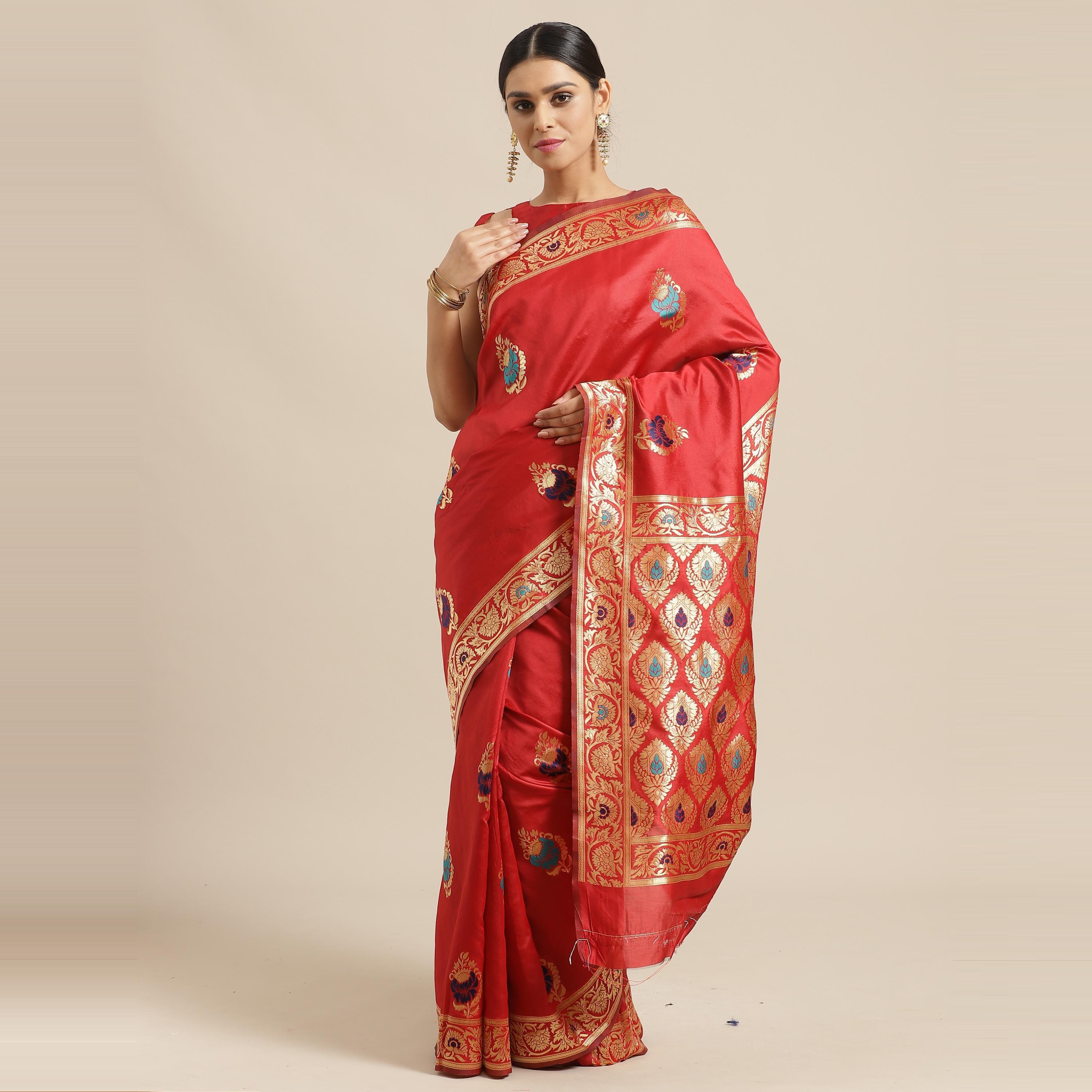 Energetic Red Colored Festive Wear Woven Silk Blend Saree - Peachmode
