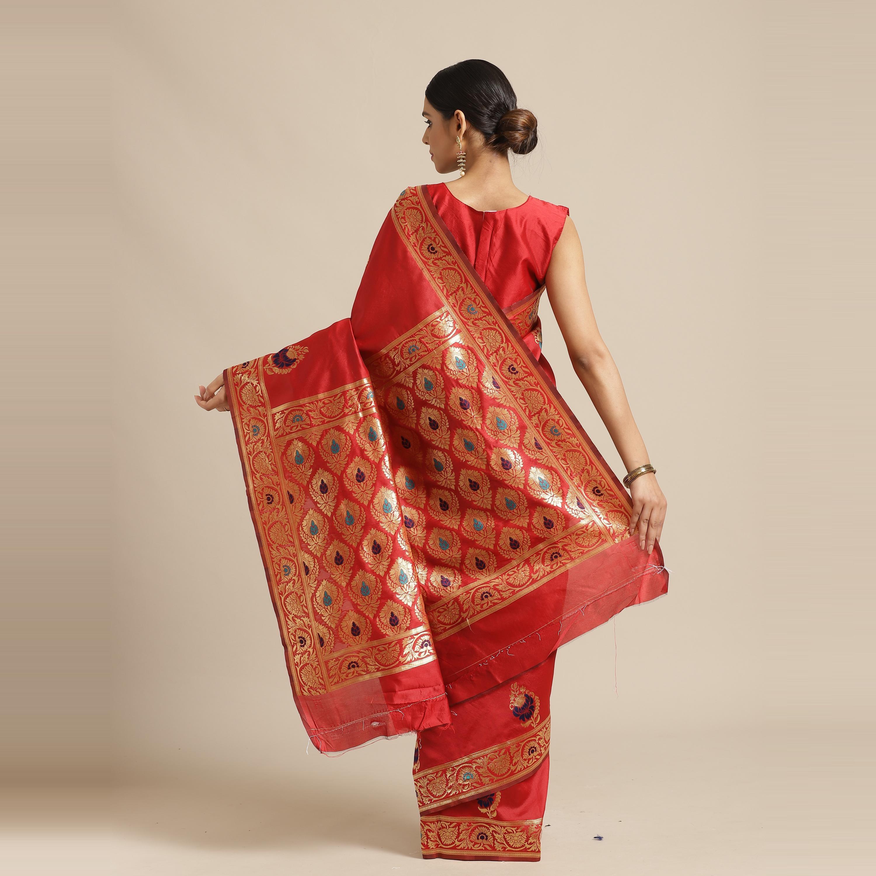 Energetic Red Colored Festive Wear Woven Silk Blend Saree - Peachmode