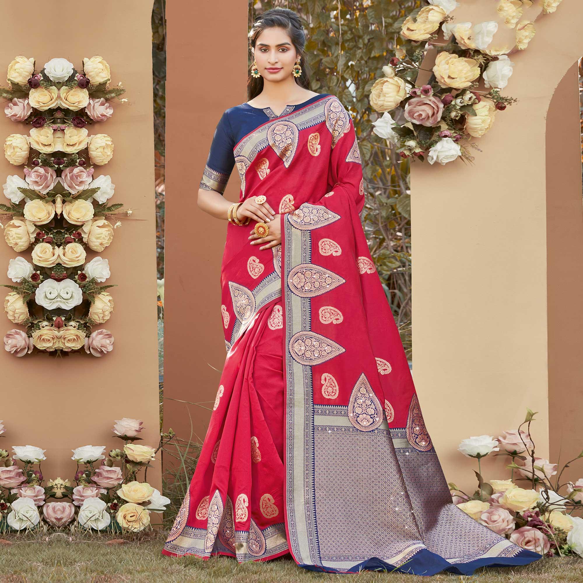 Energetic Red Colored Festive Wear Woven Silk Saree - Peachmode