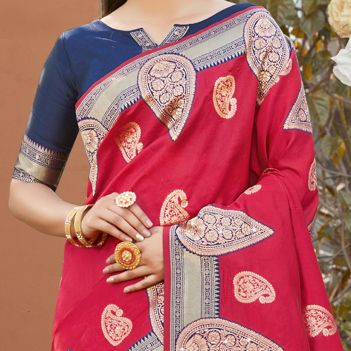 Energetic Red Colored Festive Wear Woven Silk Saree - Peachmode