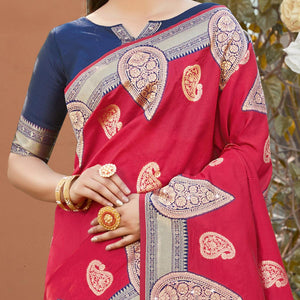 Energetic Red Colored Festive Wear Woven Silk Saree - Peachmode