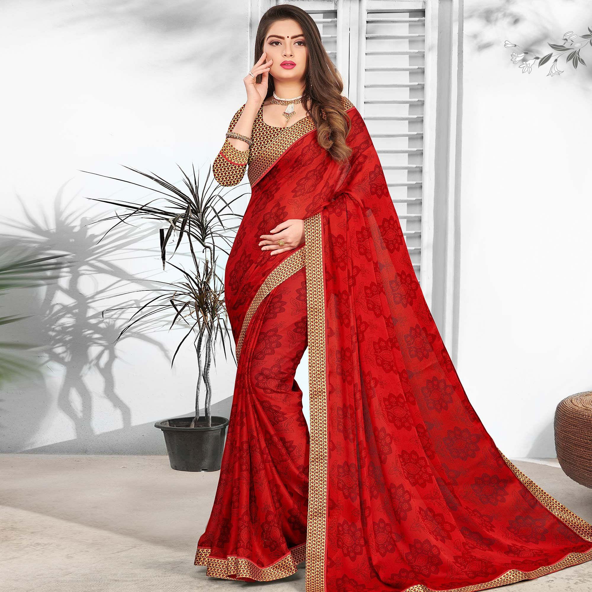 Energetic Red Colored Partywear Printed Chiffon Saree - Peachmode
