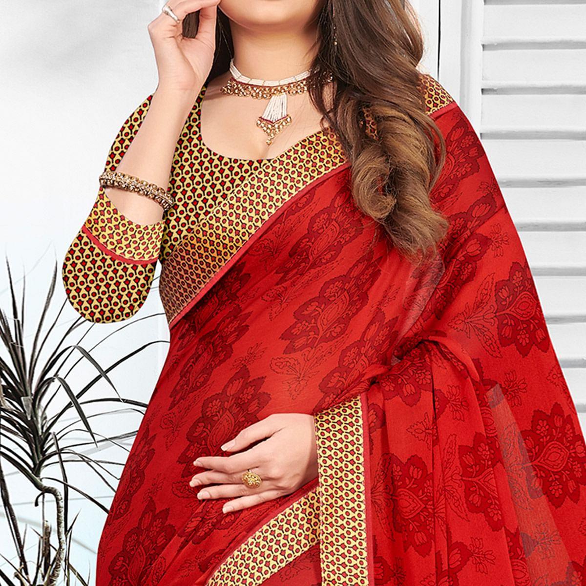 Energetic Red Colored Partywear Printed Chiffon Saree - Peachmode