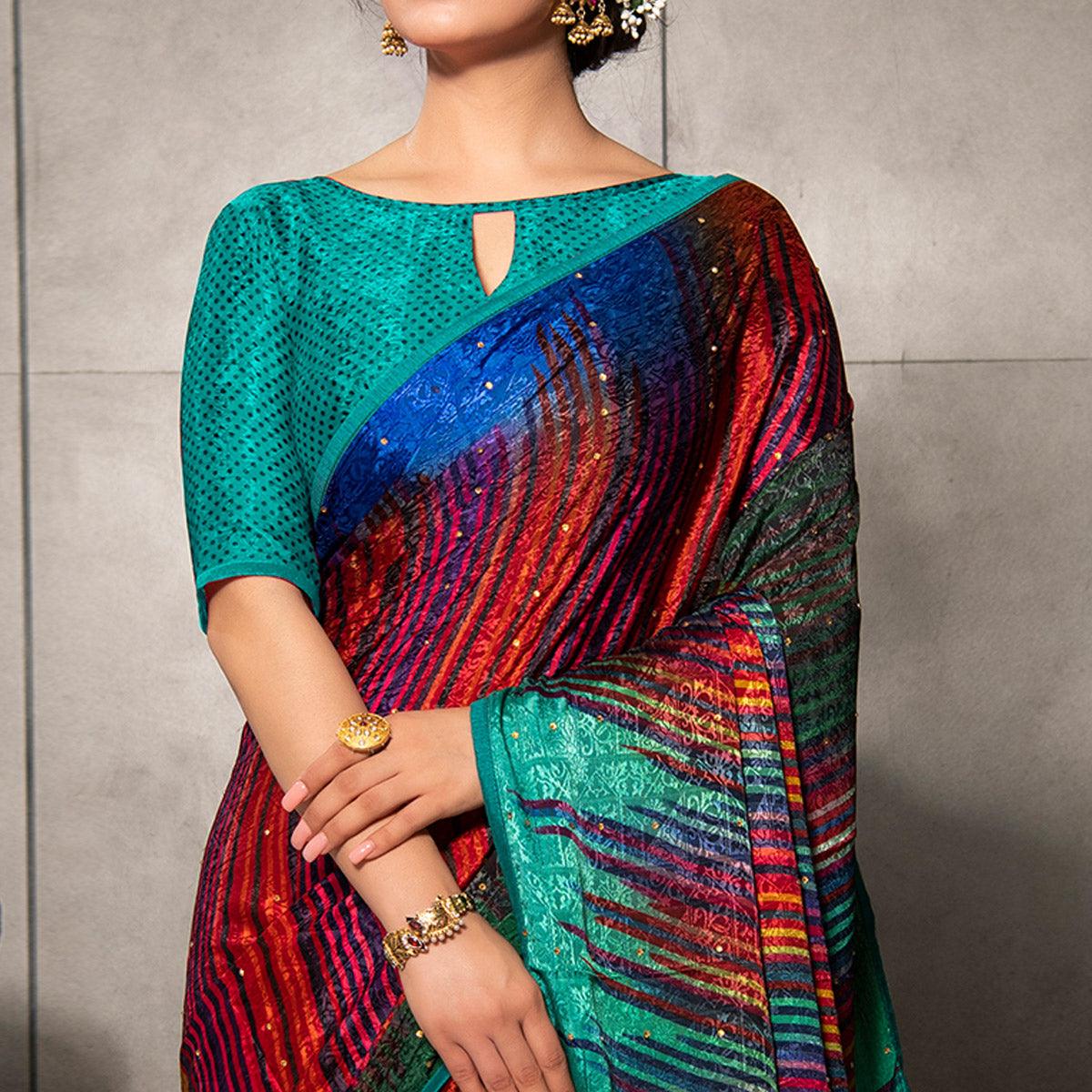 Energetic Red - Multi Colored Partywear Printed Silk Crape Saree - Peachmode