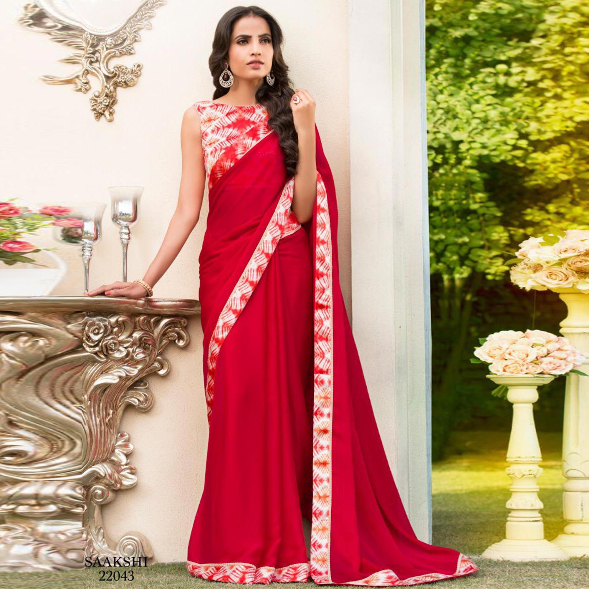 Energetic Ruby Red Colored Partywear Printed Chiffon Saree - Peachmode