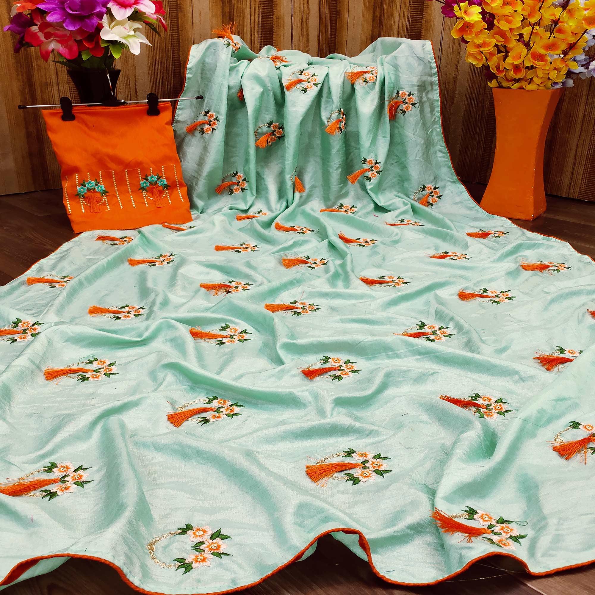 Energetic Sea Green Colored Partywear Embroidered Dola Silk Saree - Peachmode