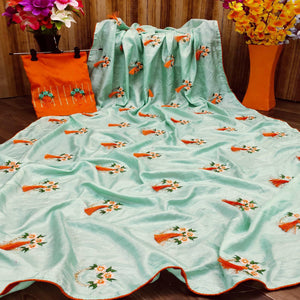 Energetic Sea Green Colored Partywear Embroidered Dola Silk Saree - Peachmode