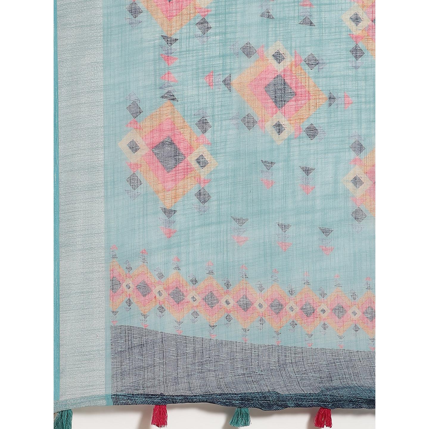 Energetic Teal Blue Colored Casual Wear Printed Linen Saree - Peachmode