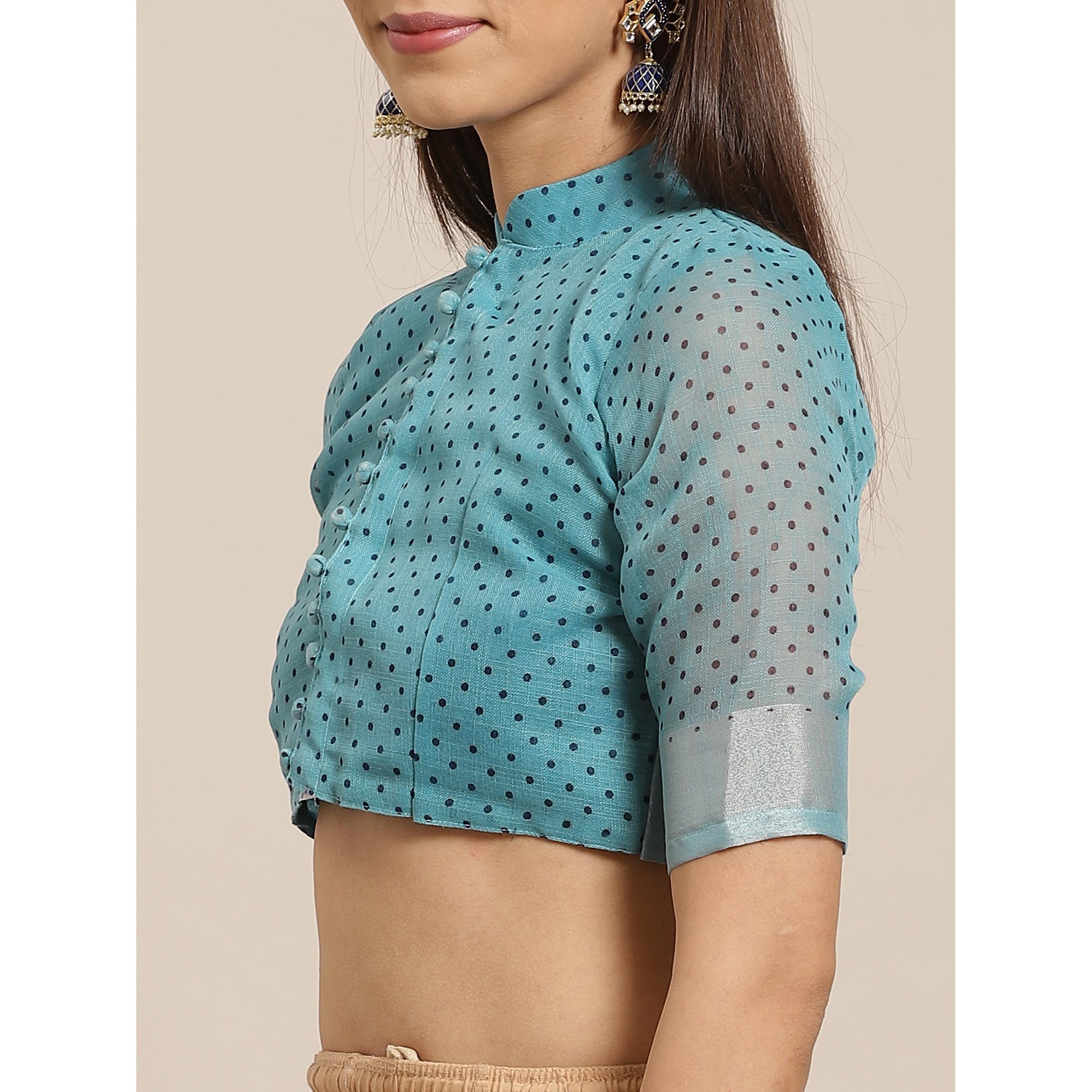 Energetic Teal Blue Colored Casual Wear Printed Linen Saree - Peachmode