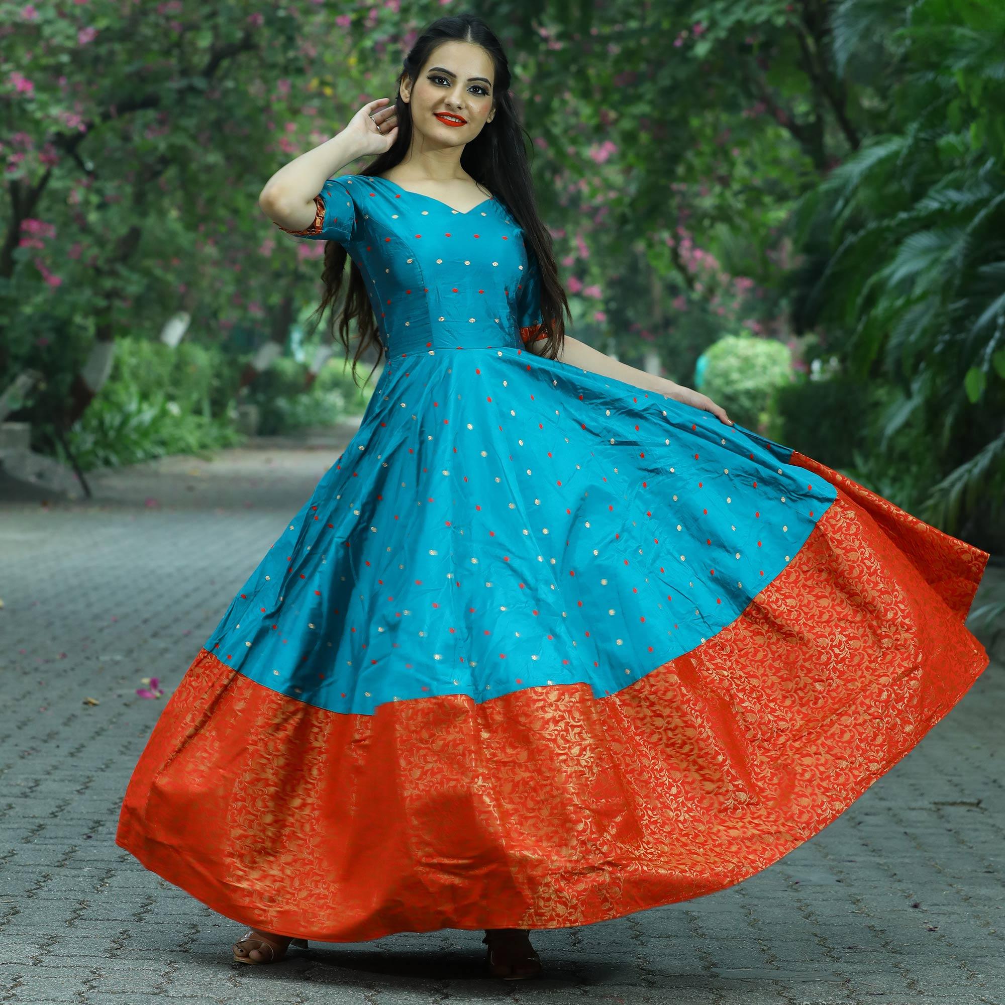 Energetic Teal Green Colored Partywear Tapetta Jacquard Gown - Peachmode