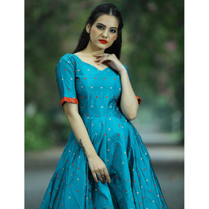 Energetic Teal Green Colored Partywear Tapetta Jacquard Gown - Peachmode