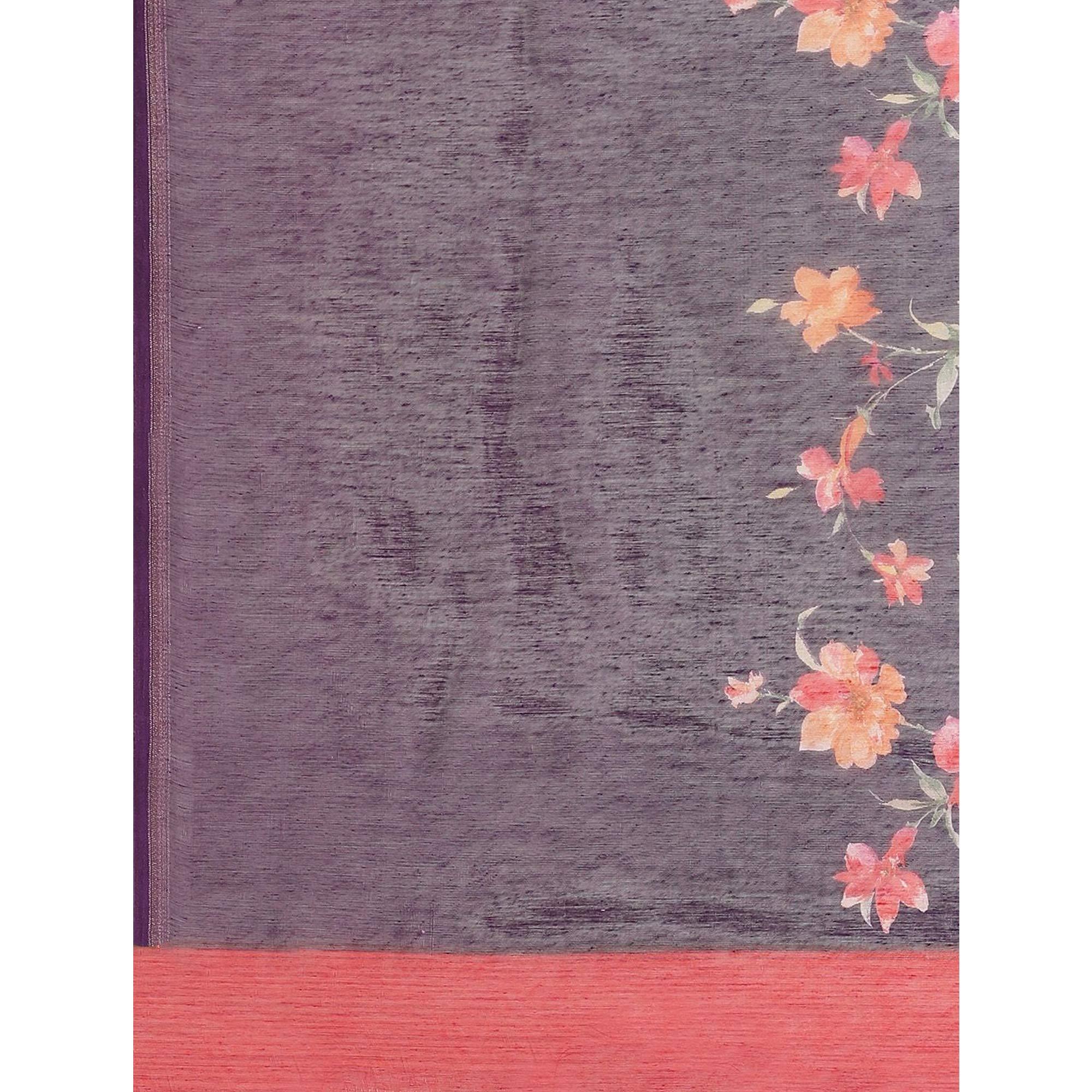 Energetic Violet Colored Casual Wear Printed Cotton Blend Saree - Peachmode