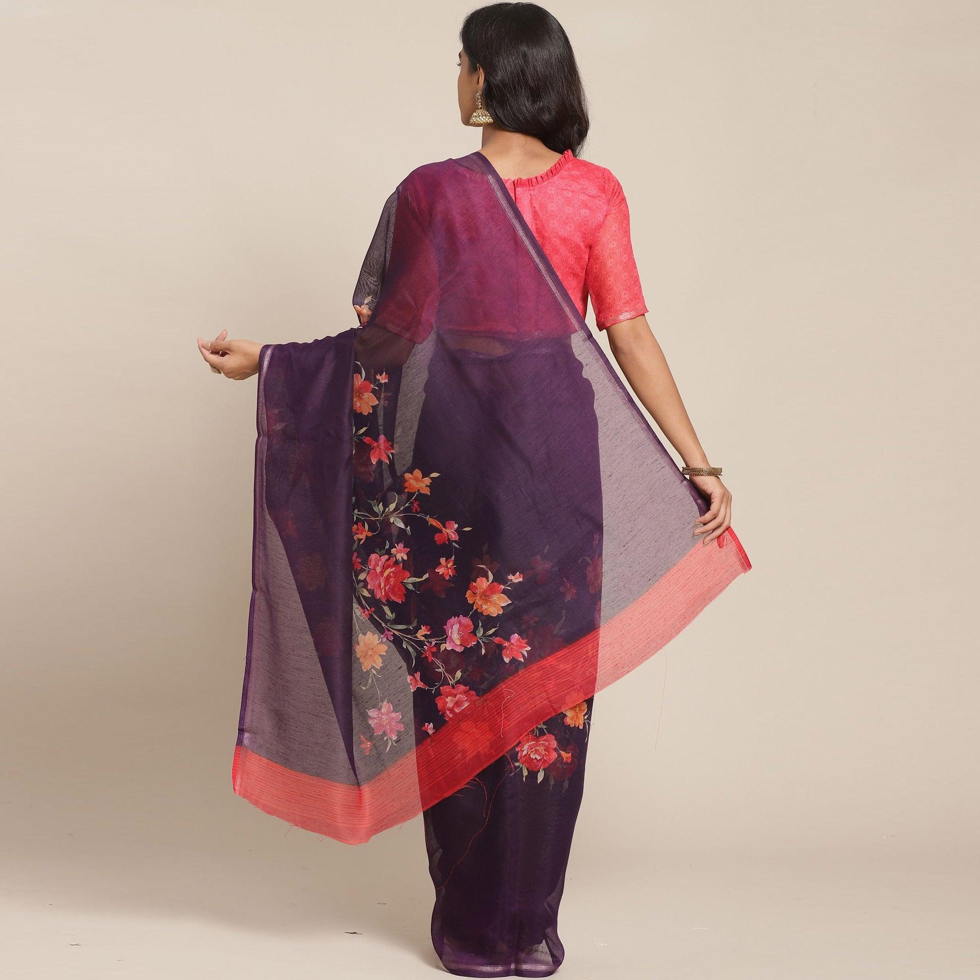 Energetic Violet Colored Casual Wear Printed Cotton Blend Saree - Peachmode