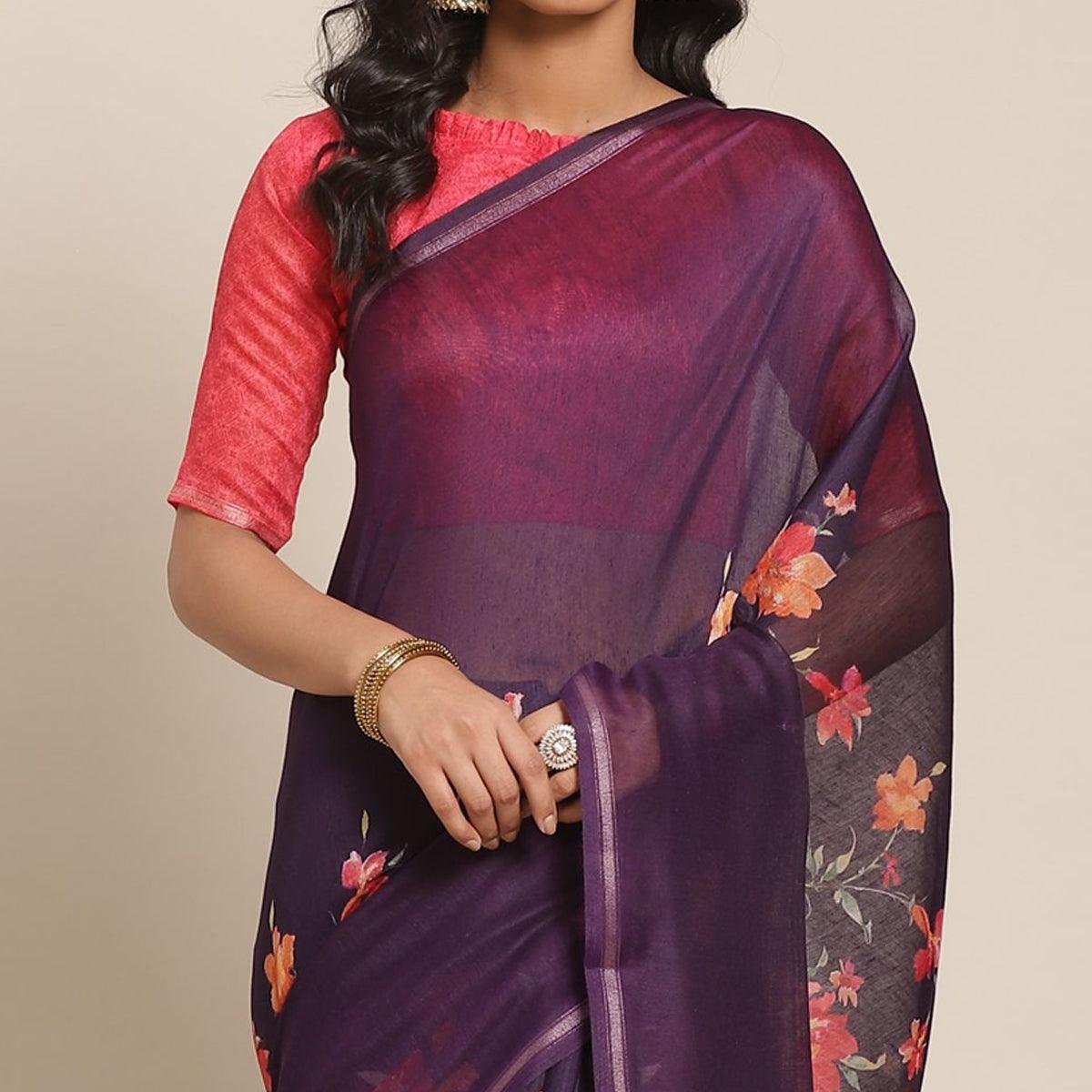 Energetic Violet Colored Casual Wear Printed Cotton Blend Saree - Peachmode