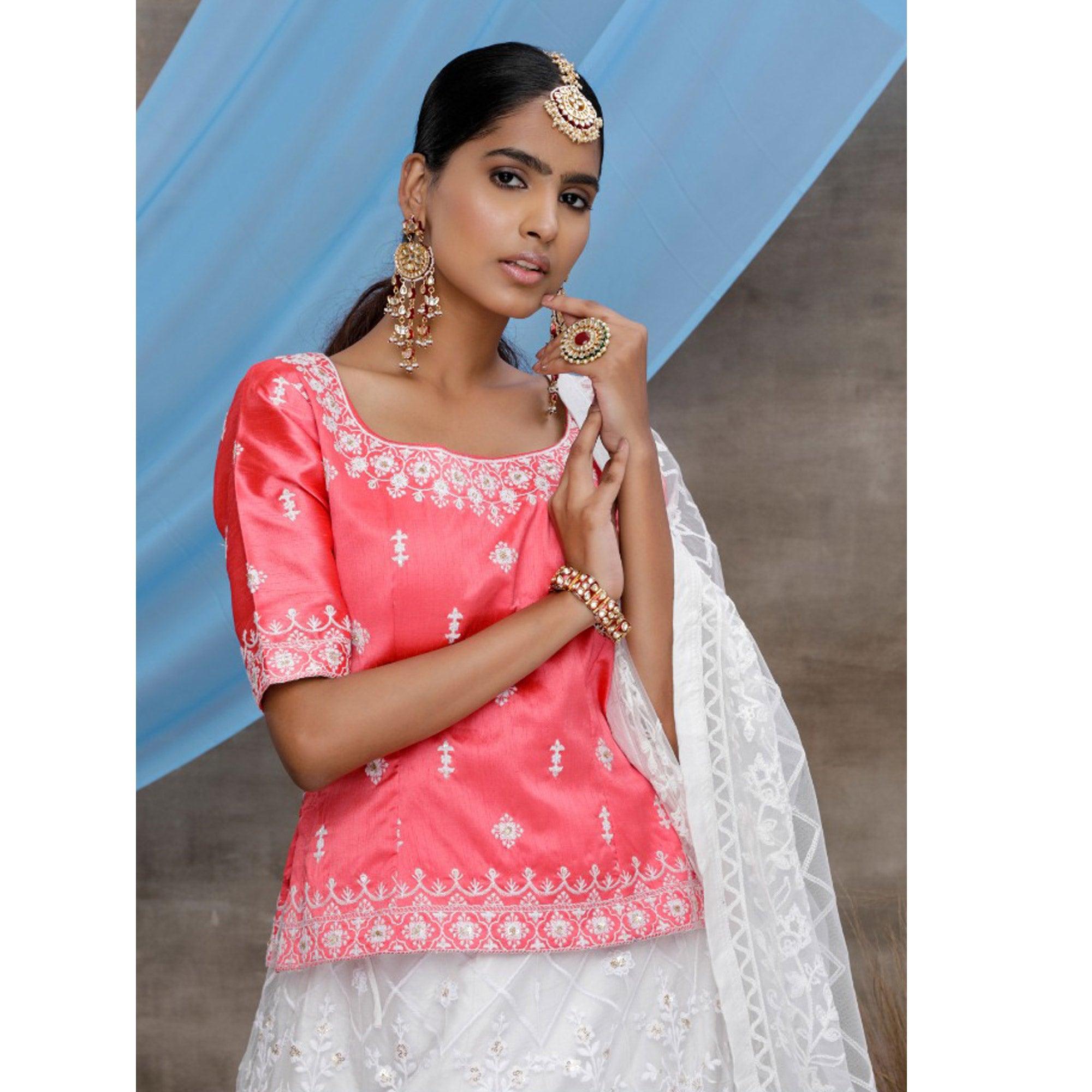 Energetic White-Pink Colored Party Wear Embroidered Net Lehenga Choli - Peachmode