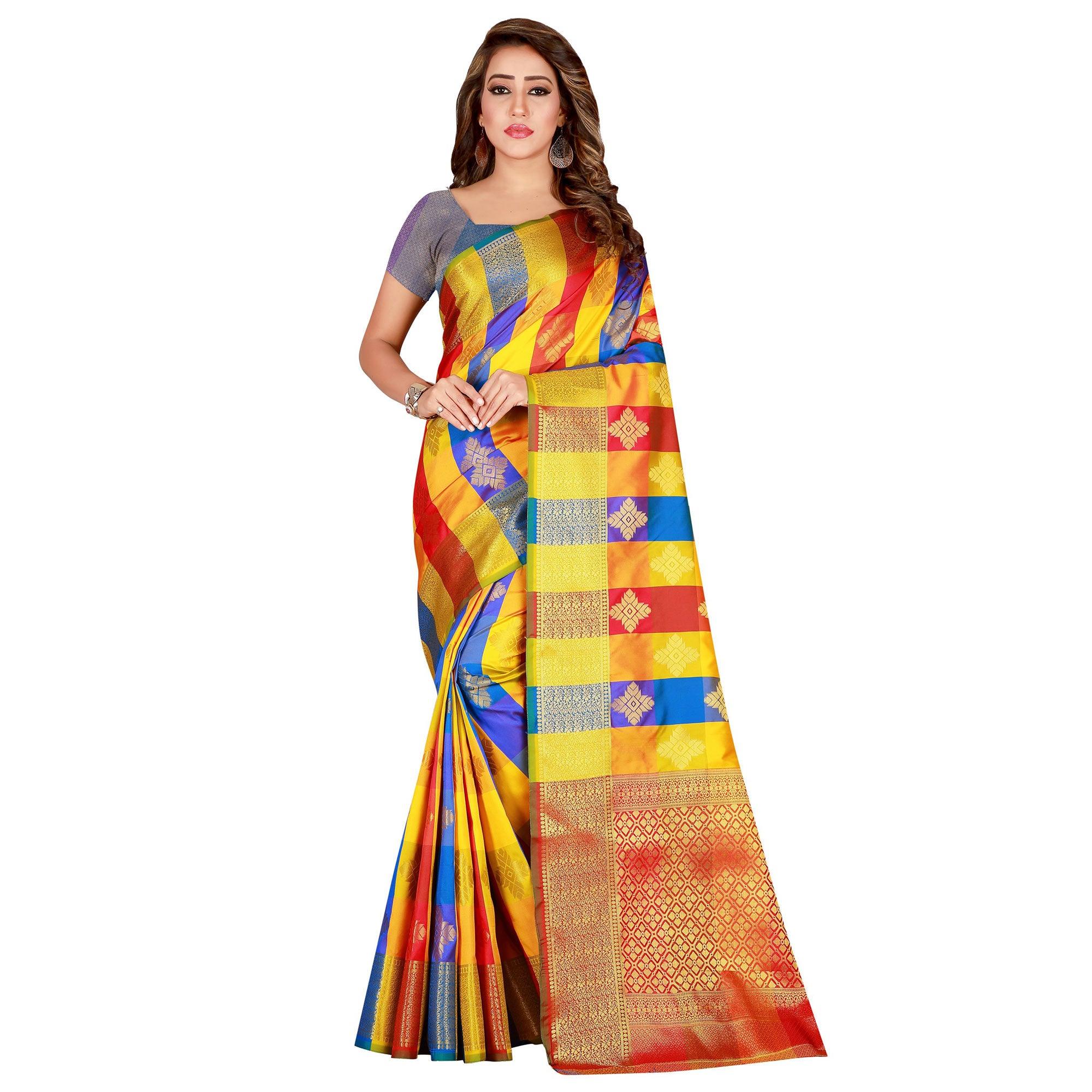 Energetic Yellow-Blue Colored festive Wear Banarasi Silk Saree - Peachmode