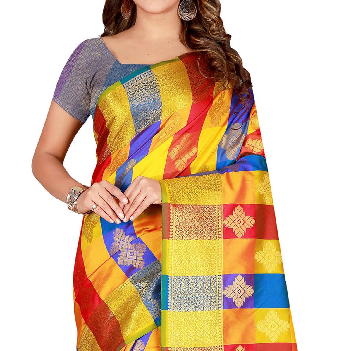 Energetic Yellow-Blue Colored festive Wear Banarasi Silk Saree - Peachmode