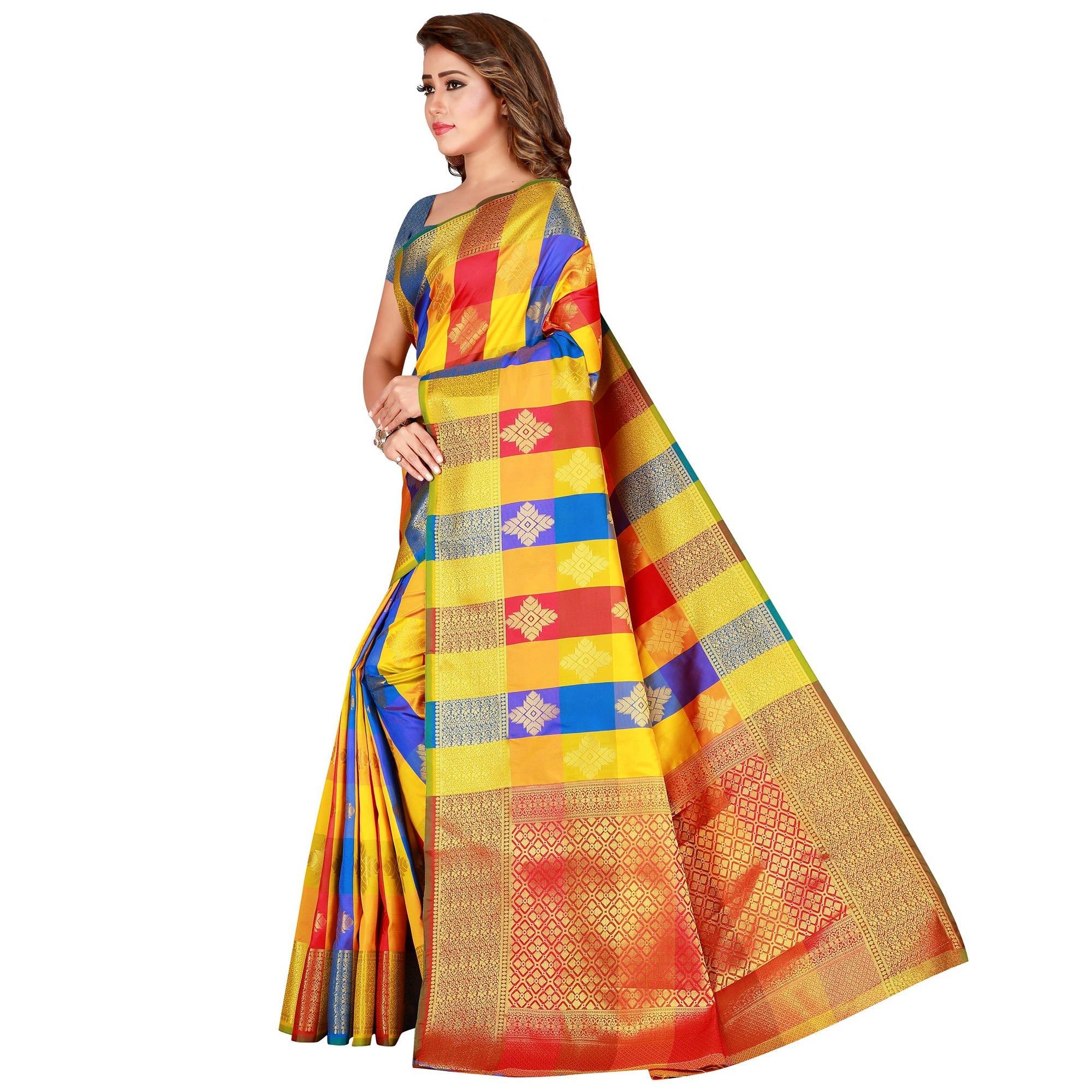 Energetic Yellow-Blue Colored festive Wear Banarasi Silk Saree - Peachmode