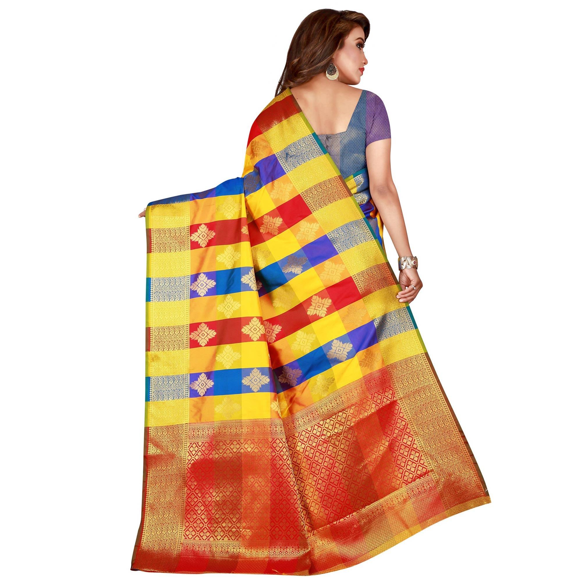 Energetic Yellow-Blue Colored festive Wear Banarasi Silk Saree - Peachmode