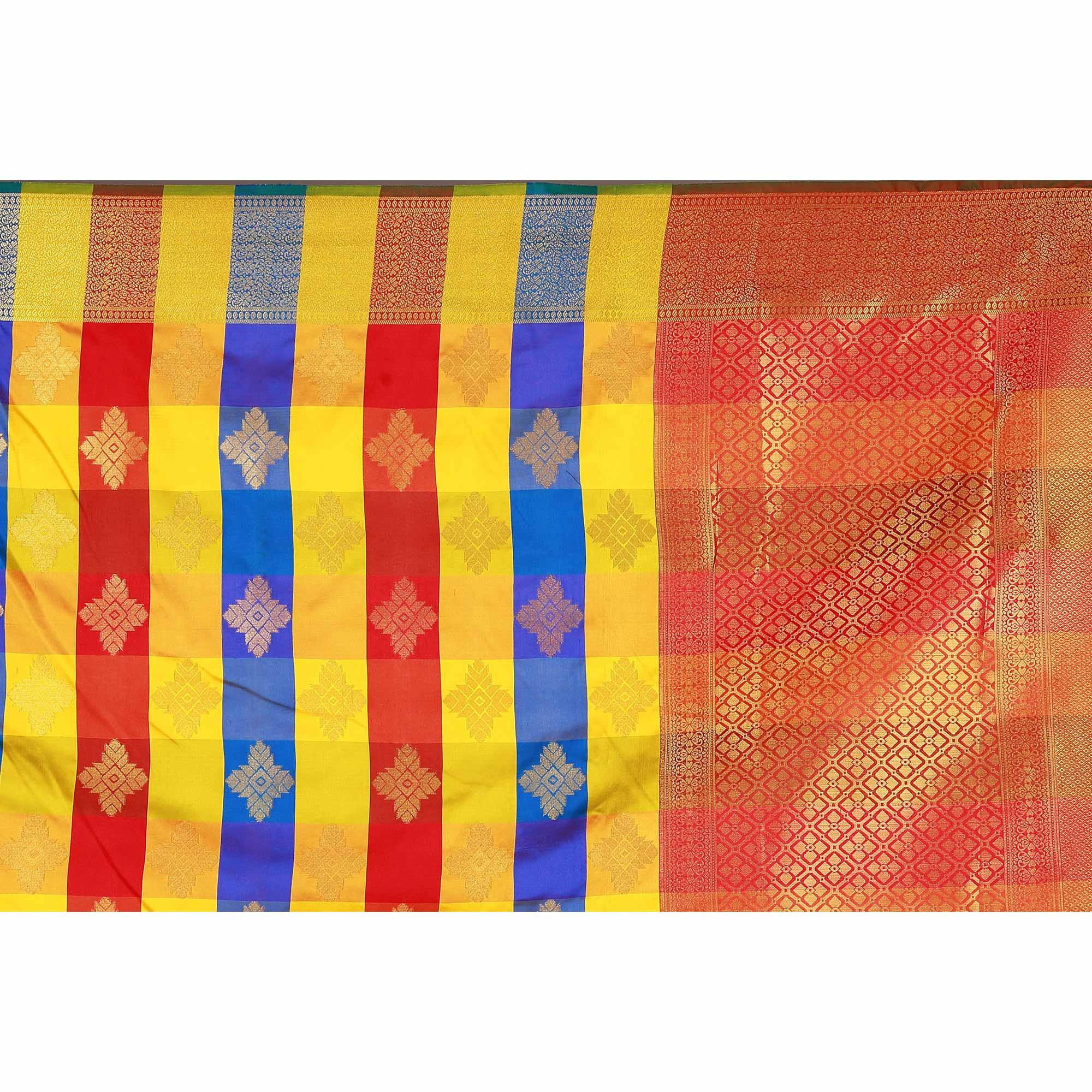 Energetic Yellow-Blue Colored festive Wear Banarasi Silk Saree - Peachmode