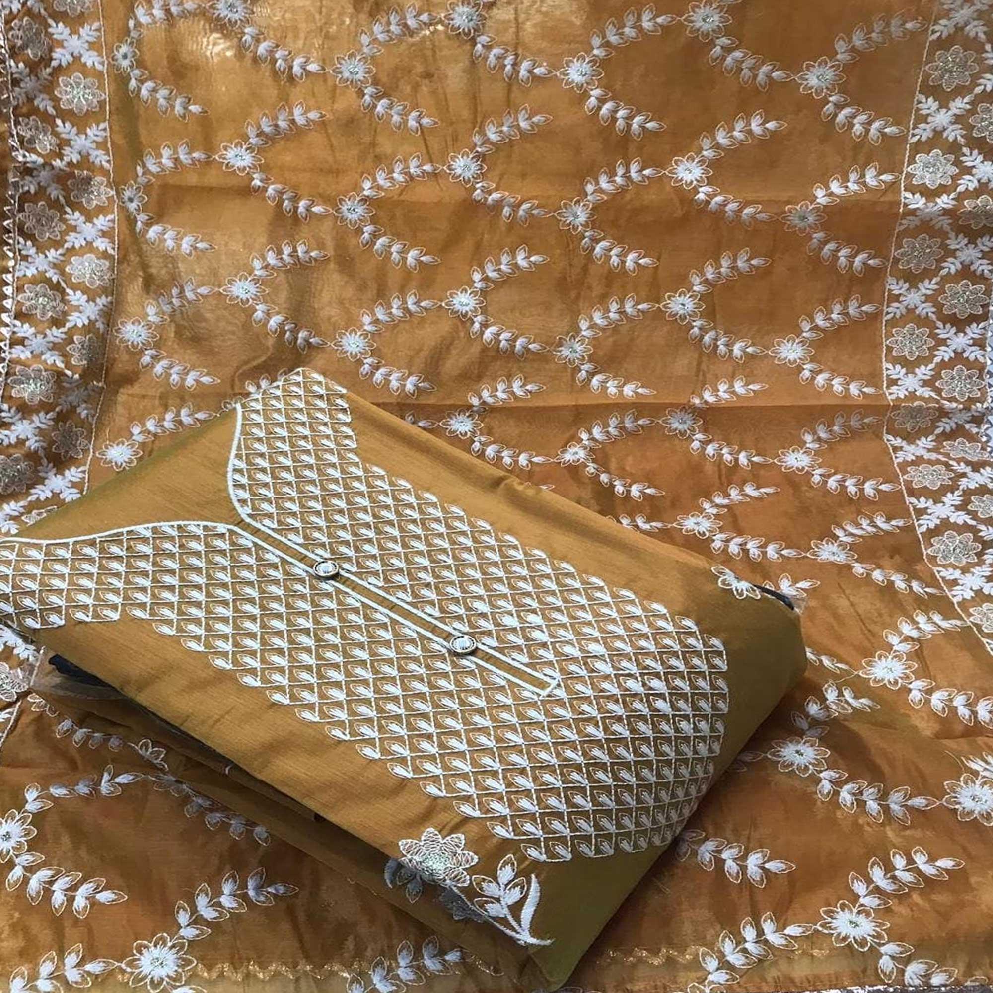 Energetic Yellow Colored Casual Wear Embroidered Chanderi Dress Material - Peachmode