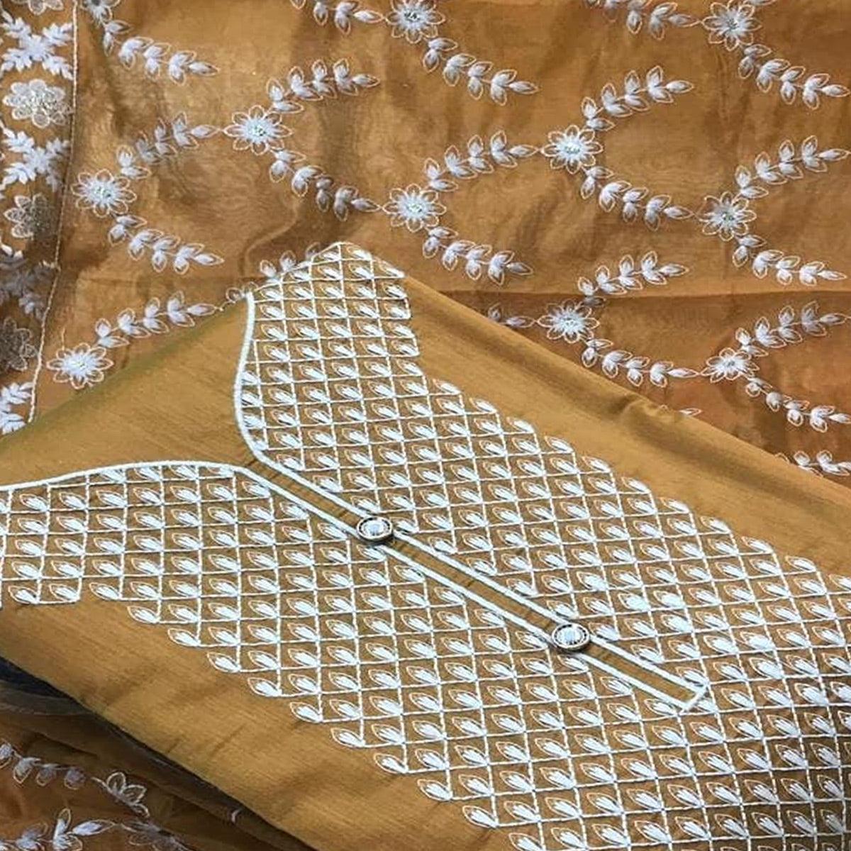 Energetic Yellow Colored Casual Wear Embroidered Chanderi Dress Material - Peachmode