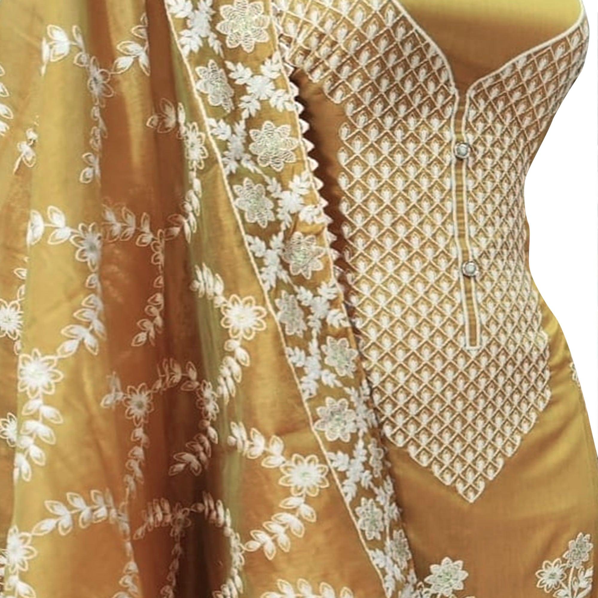 Energetic Yellow Colored Casual Wear Embroidered Chanderi Dress Material - Peachmode