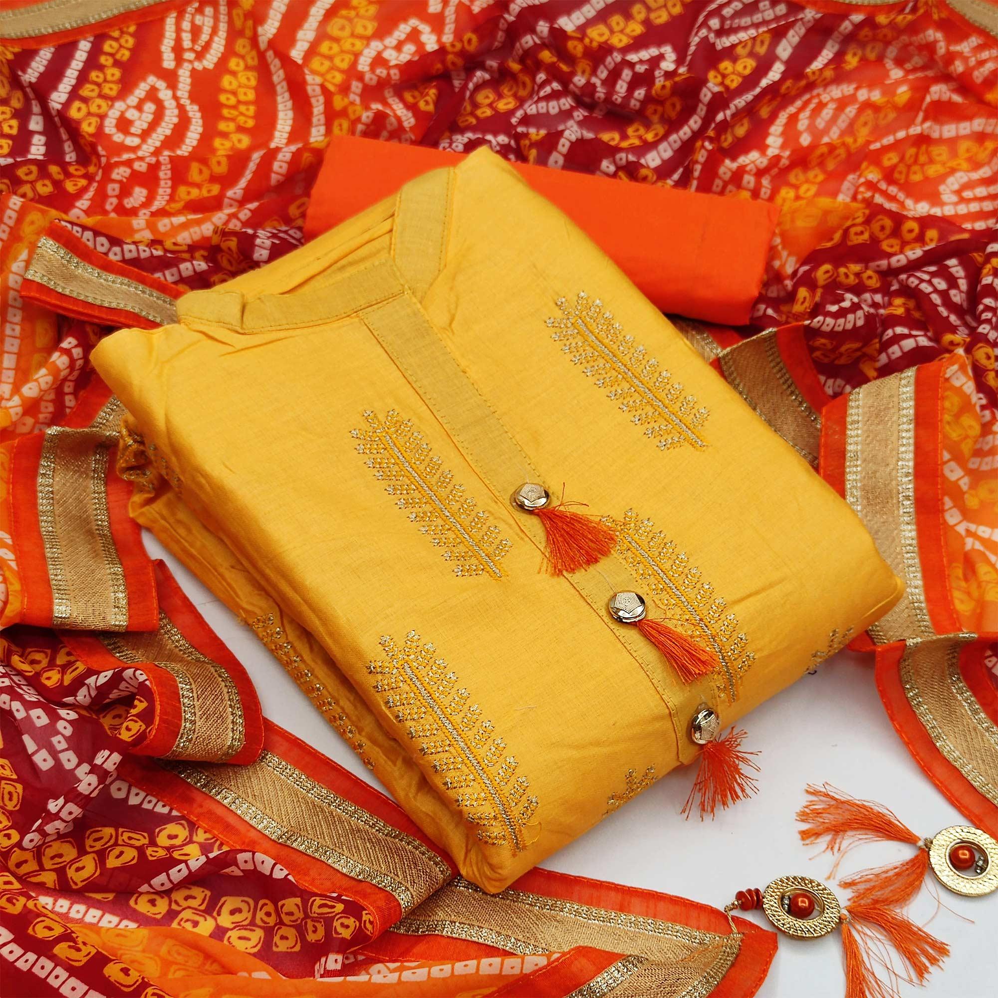 Energetic Yellow Colored Casual Wear Embroidered Cotton Dress Material - Peachmode