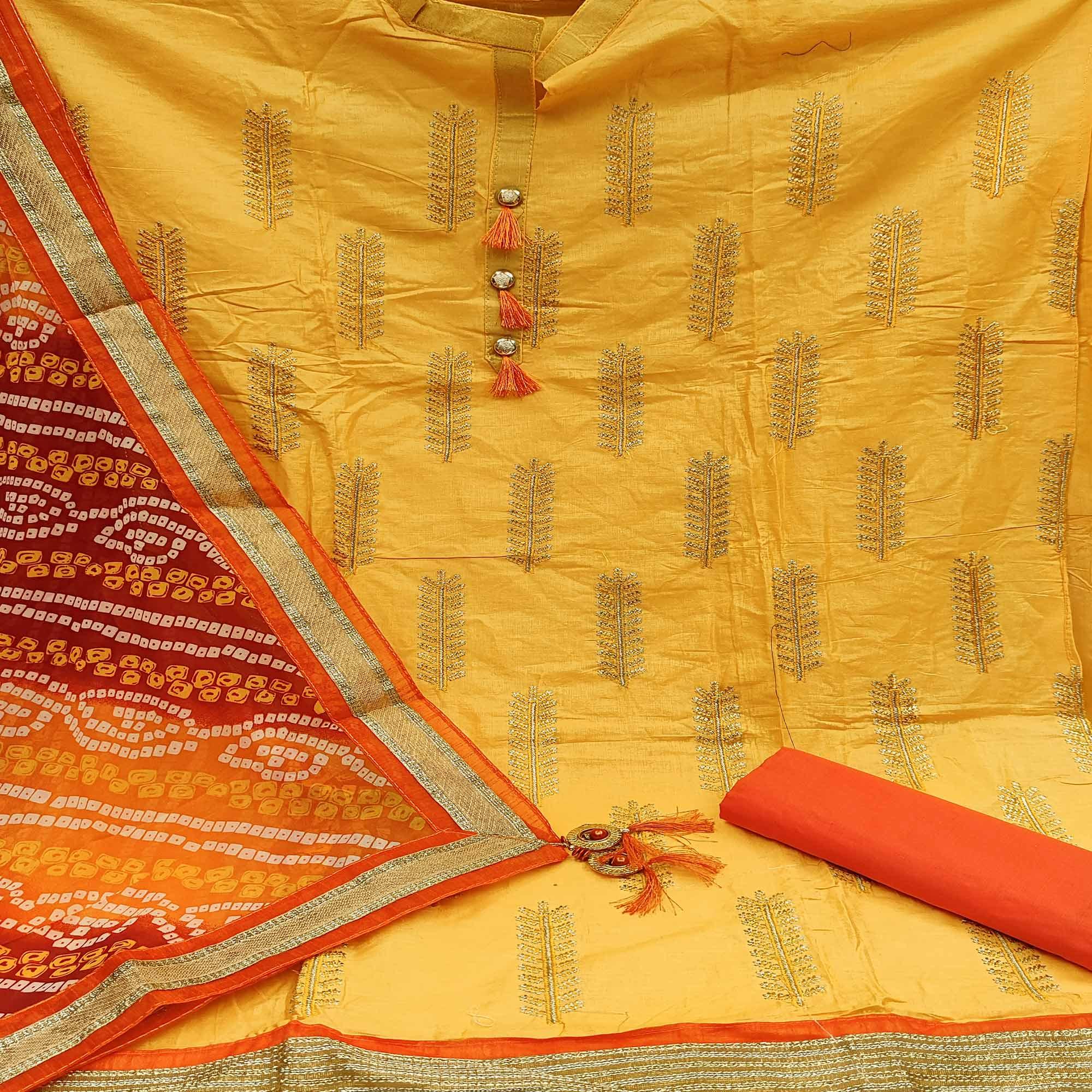 Energetic Yellow Colored Casual Wear Embroidered Cotton Dress Material - Peachmode