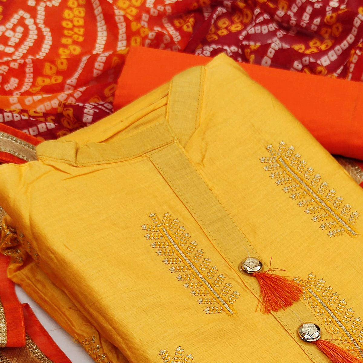 Energetic Yellow Colored Casual Wear Embroidered Cotton Dress Material - Peachmode