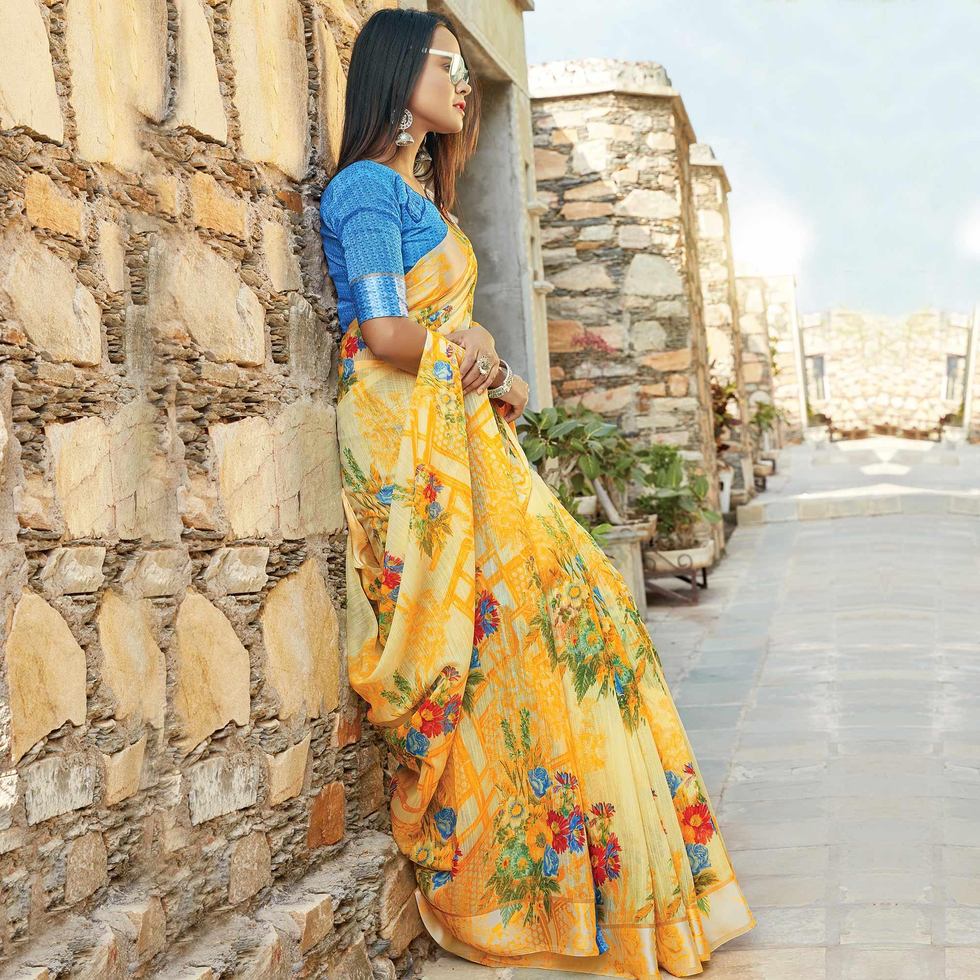 Energetic Yellow Colored Casual Wear Printed Cotton Saree - Peachmode