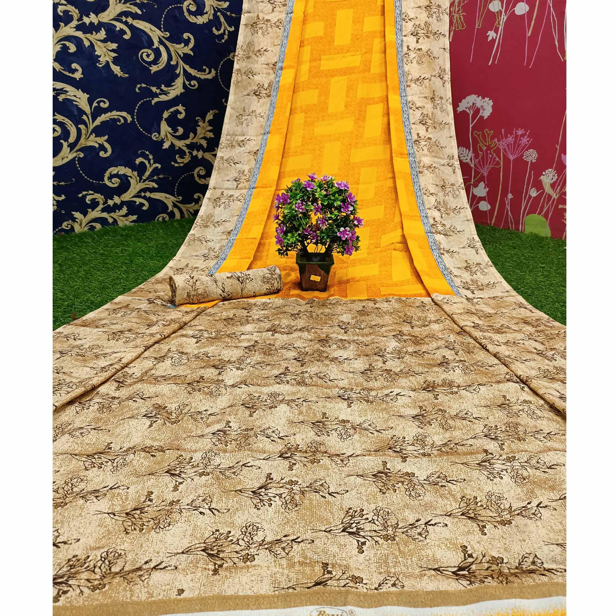Energetic Yellow Colored Casual Wear Printed Crepe Saree - Peachmode