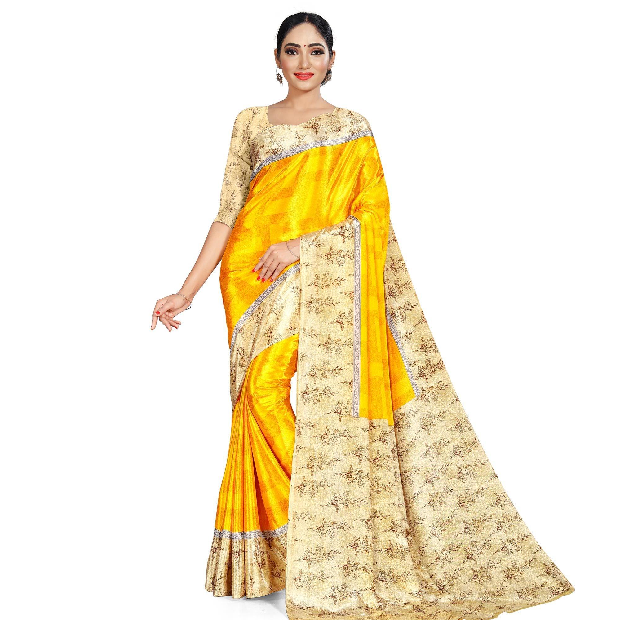 Energetic Yellow Colored Casual Wear Printed Crepe Saree - Peachmode