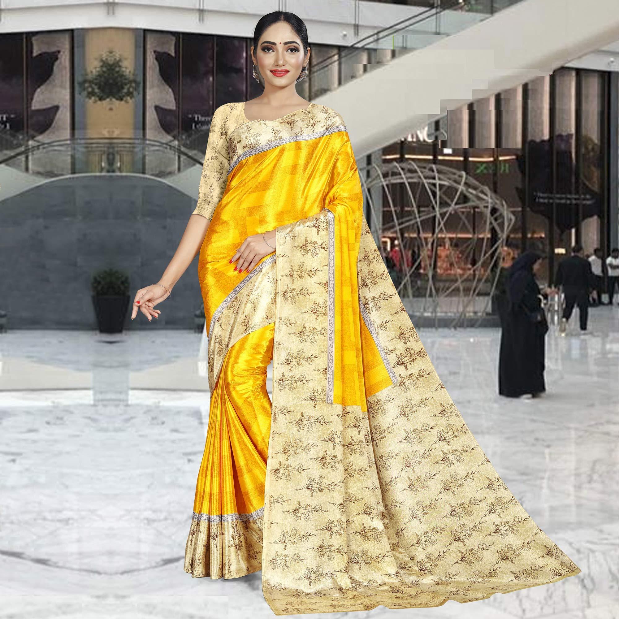 Energetic Yellow Colored Casual Wear Printed Crepe Saree - Peachmode