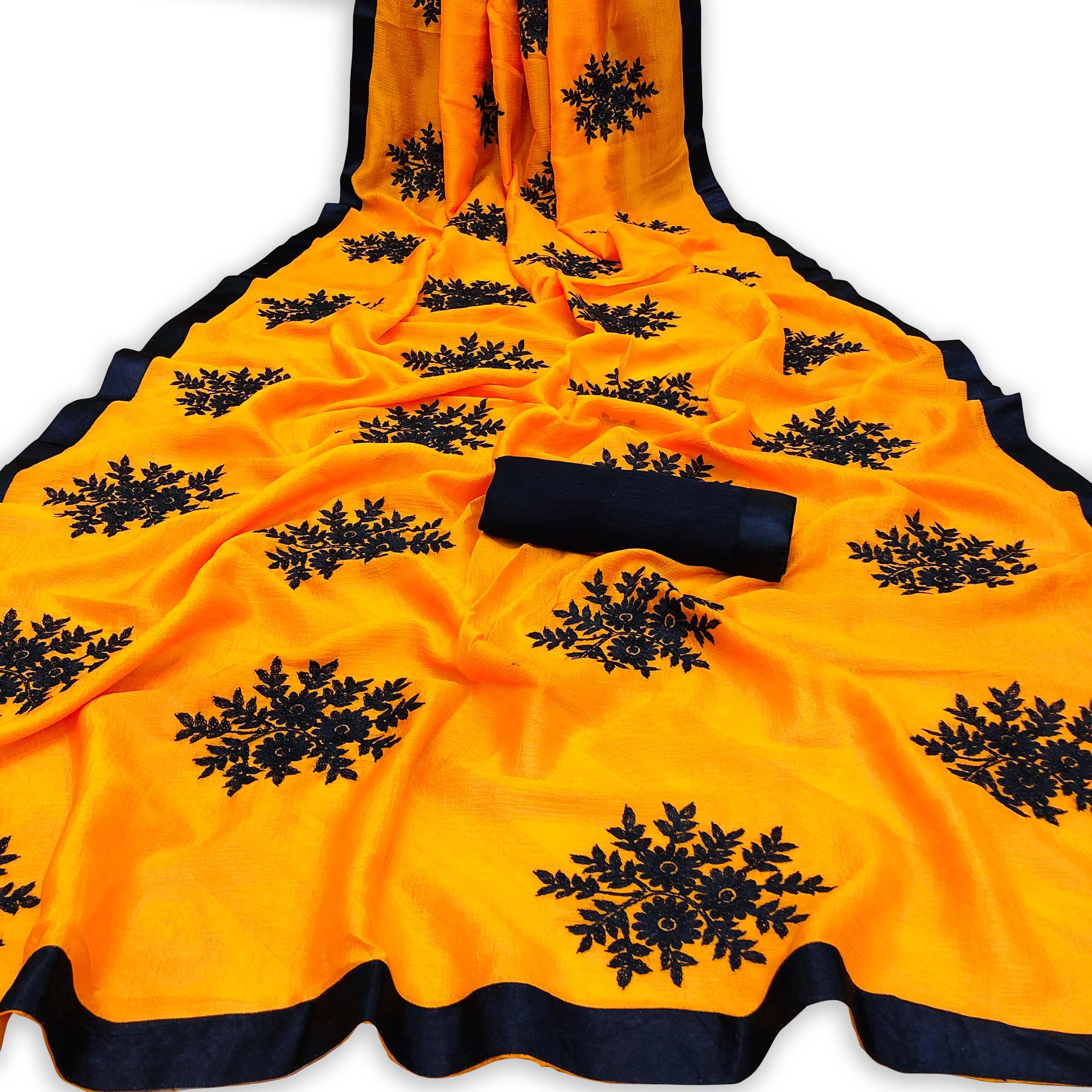 Energetic Yellow Colored Embroidered Georgette Saree - Peachmode