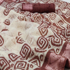 English Orange Casual Wear Digital Printed Pure Linen Saree - Peachmode