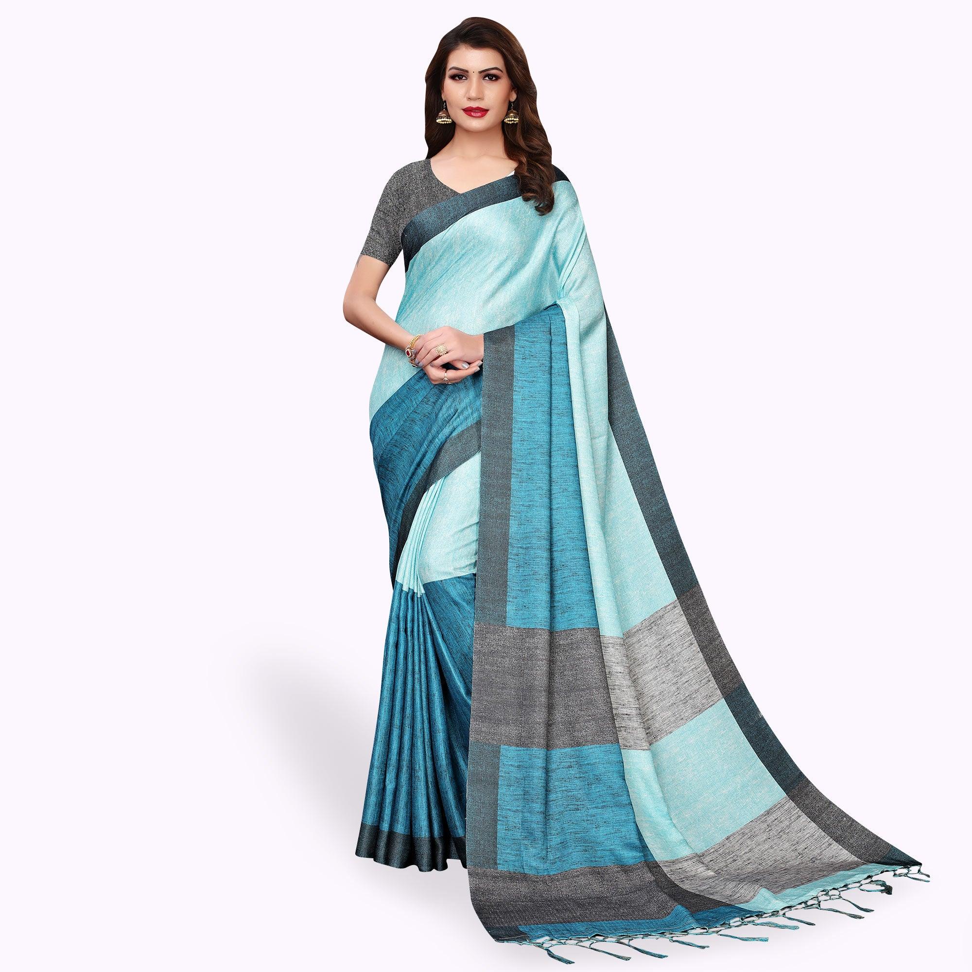 Engrossing Aqua Blue Colored Casual Wear Printed Art Silk Saree - Peachmode