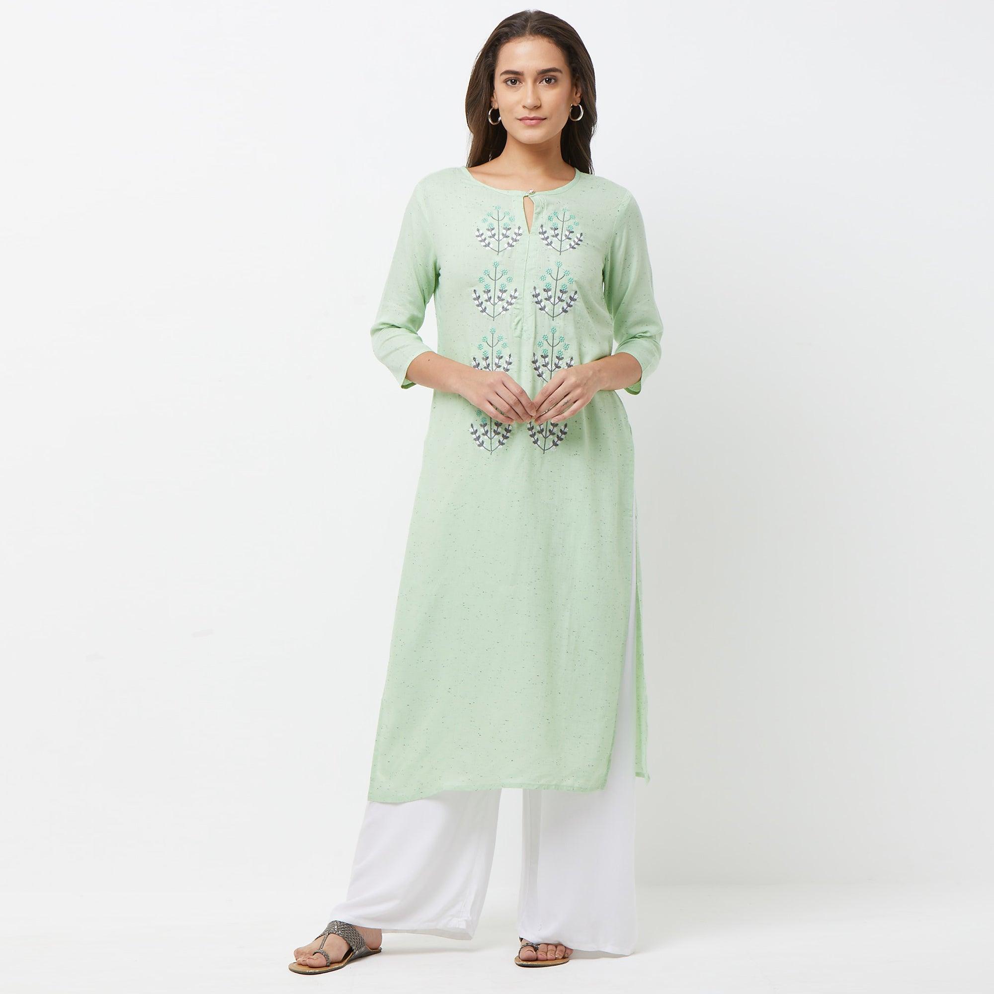 Engrossing Aqua Green Colored Partywear Embroidered Cotton Long Kurti - Peachmode