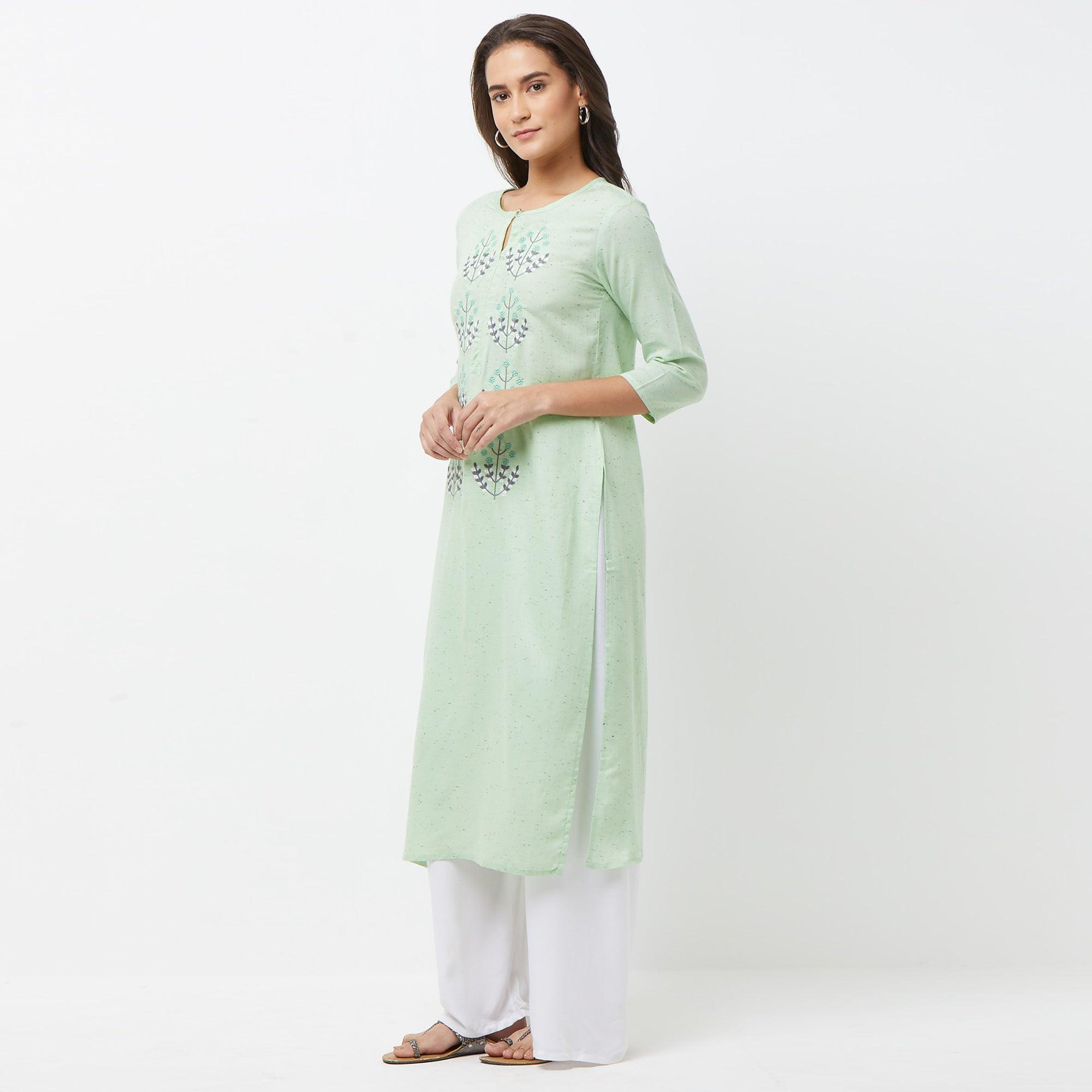 Engrossing Aqua Green Colored Partywear Embroidered Cotton Long Kurti - Peachmode