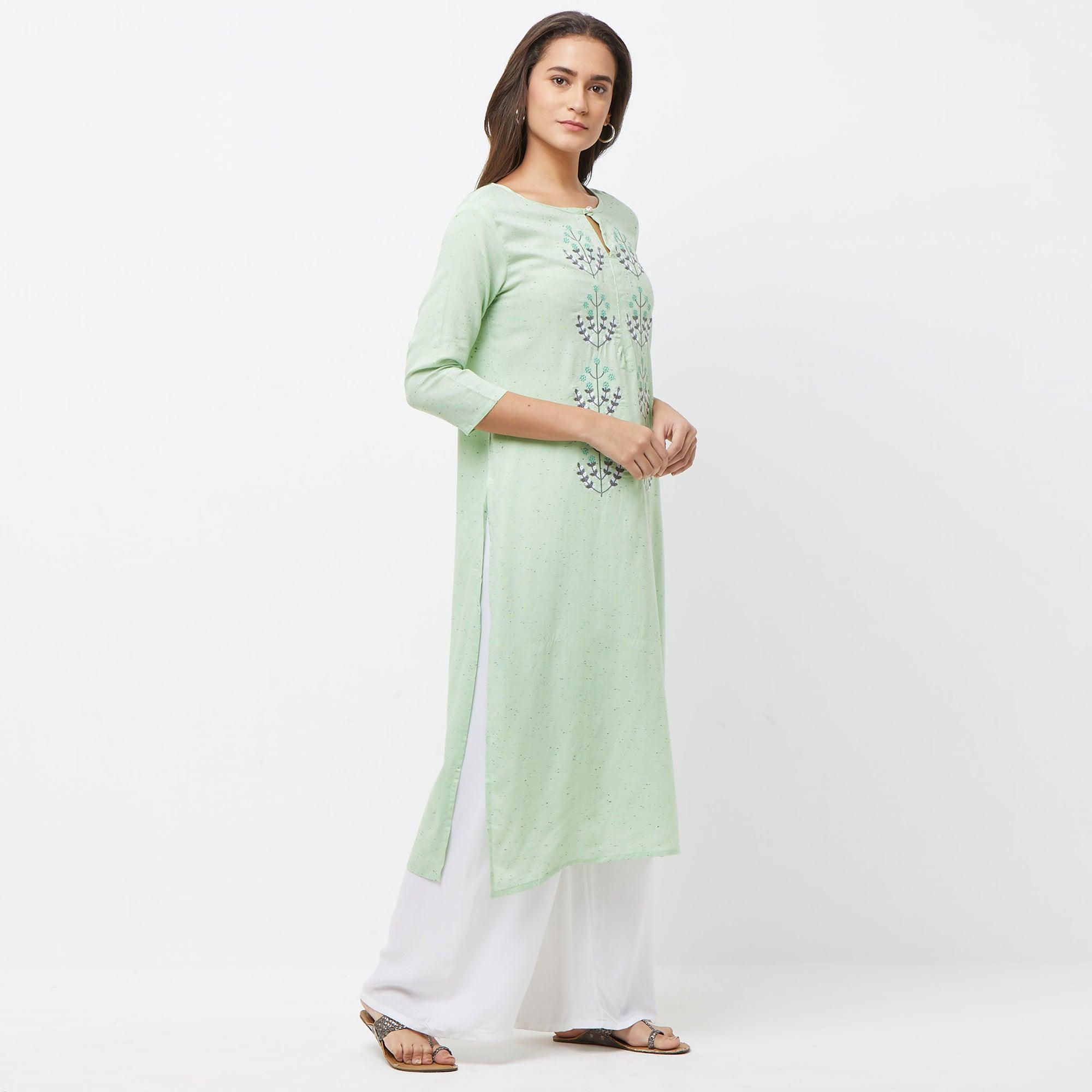 Engrossing Aqua Green Colored Partywear Embroidered Cotton Long Kurti - Peachmode