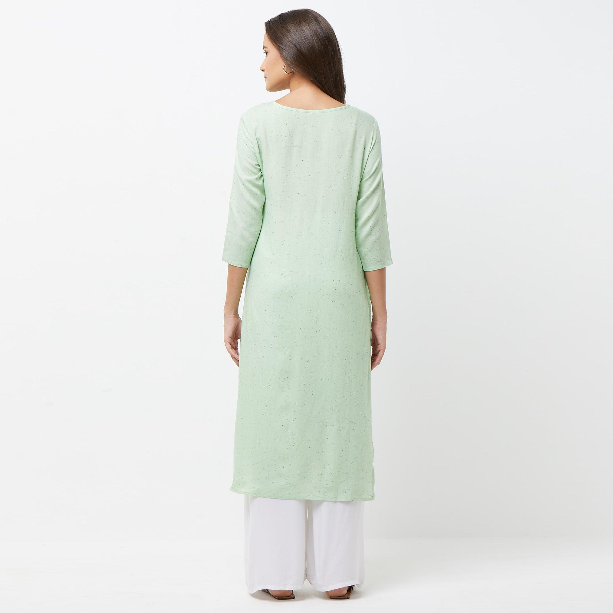 Engrossing Aqua Green Colored Partywear Embroidered Cotton Long Kurti - Peachmode