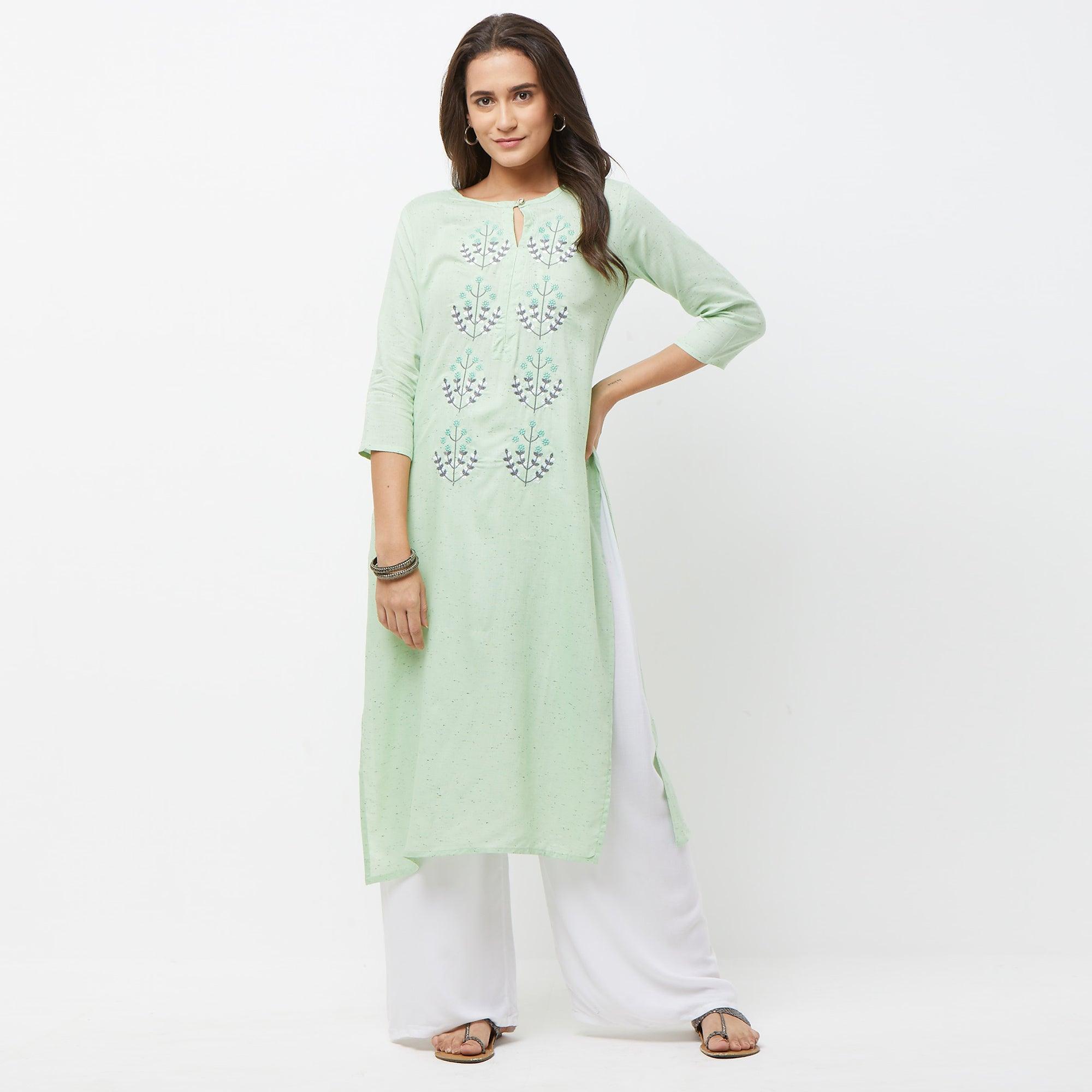 Engrossing Aqua Green Colored Partywear Embroidered Cotton Long Kurti - Peachmode