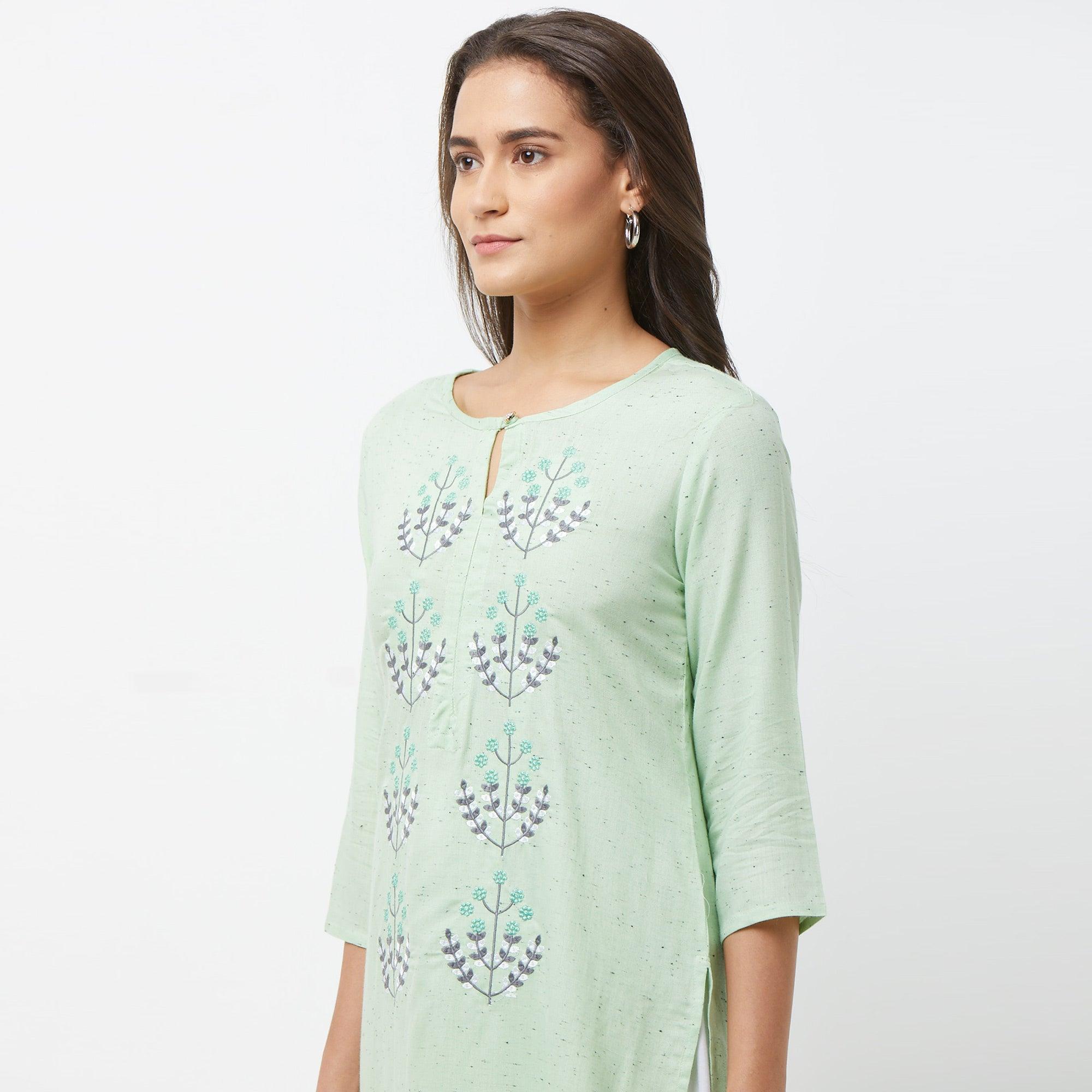 Engrossing Aqua Green Colored Partywear Embroidered Cotton Long Kurti - Peachmode