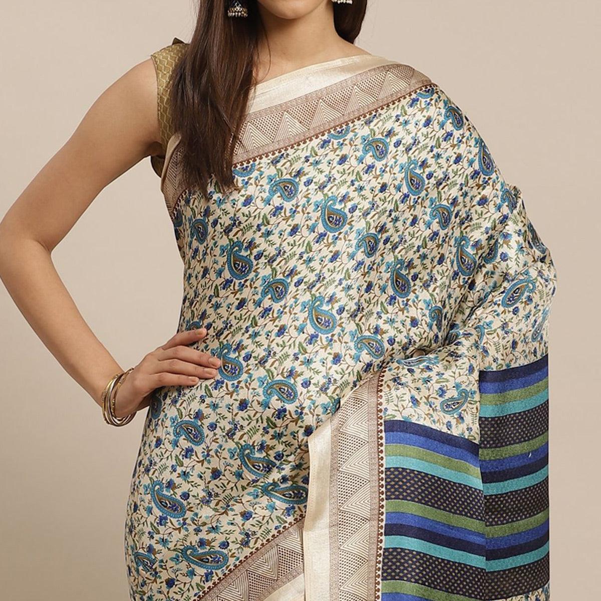 Engrossing Beige - Blue Colored Casual Wear Printed Silk blend Saree - Peachmode