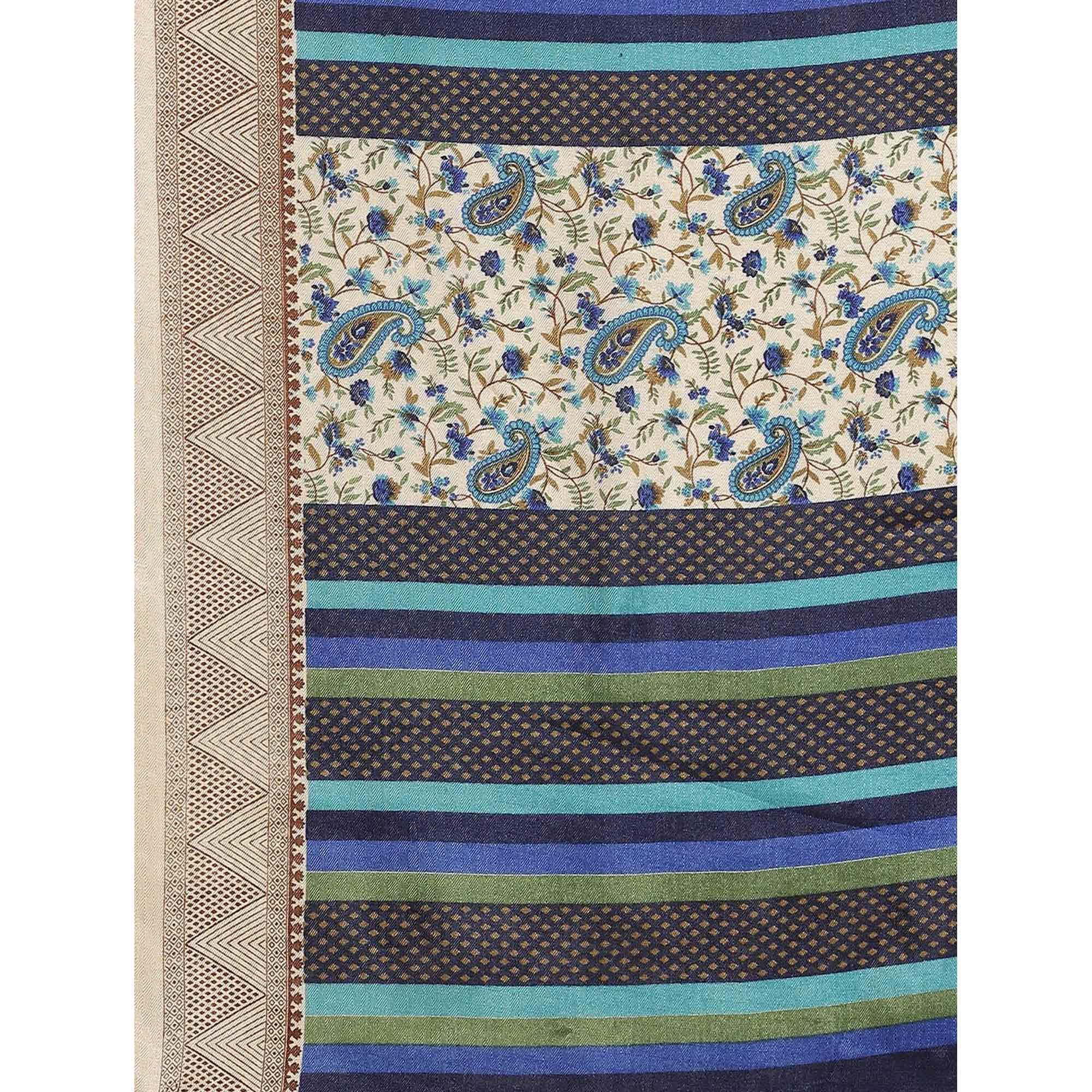 Engrossing Beige - Blue Colored Casual Wear Printed Silk blend Saree - Peachmode