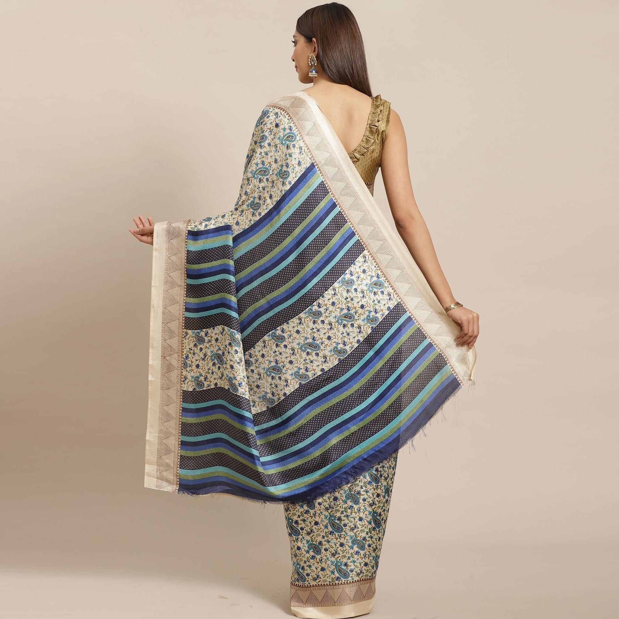 Engrossing Beige - Blue Colored Casual Wear Printed Silk blend Saree - Peachmode