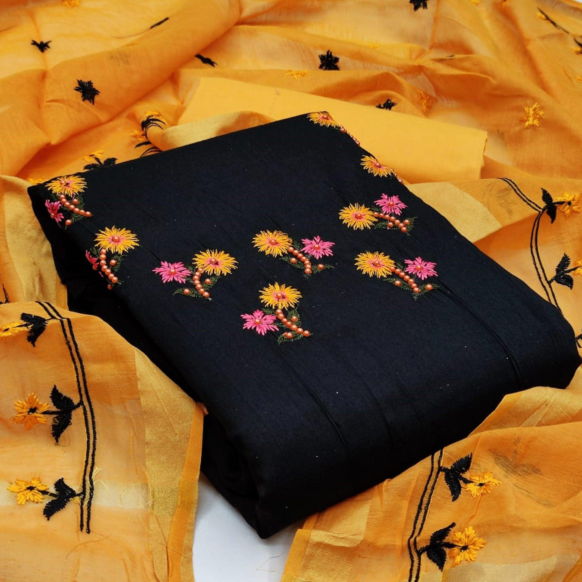 Engrossing Black Colored Casual Wear Embroidered Cotton Dress Material - Peachmode