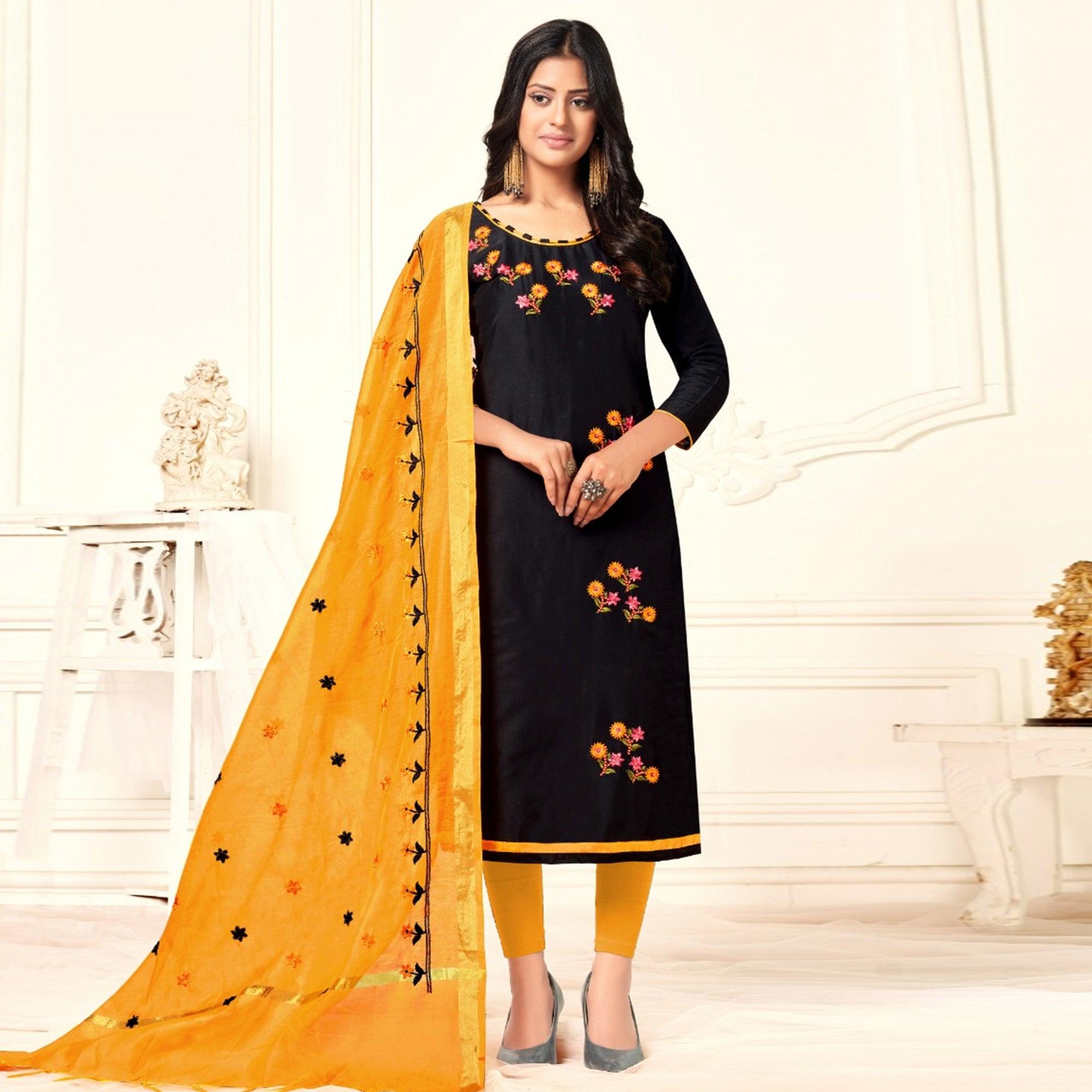 Engrossing Black Colored Casual Wear Embroidered Cotton Dress Material - Peachmode