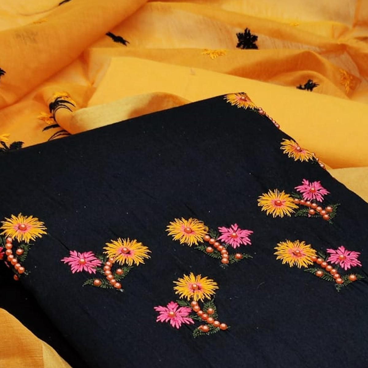 Engrossing Black Colored Casual Wear Embroidered Cotton Dress Material - Peachmode